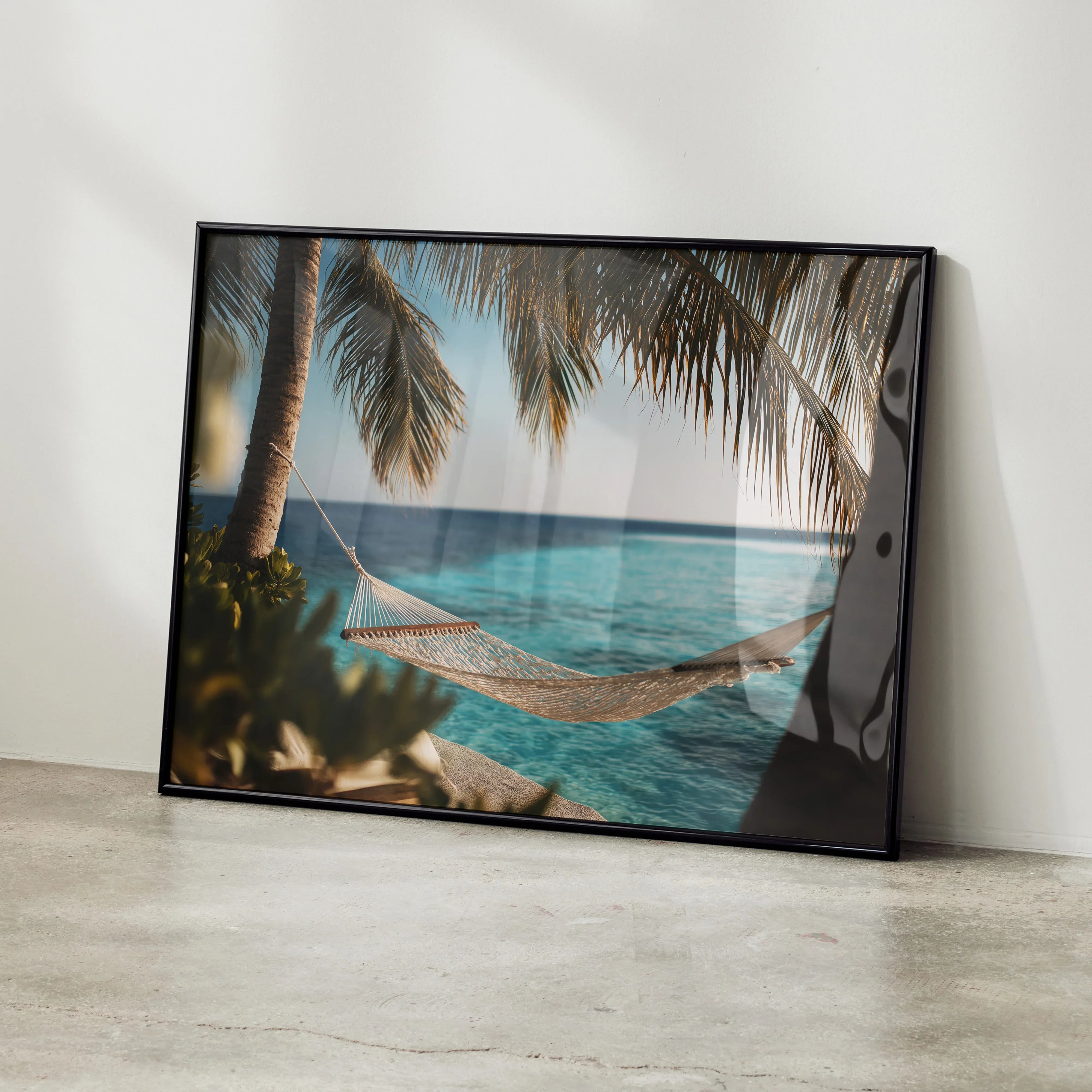 Ocean waves digital art poster with hammock and palm trees, relaxing wall art decor.