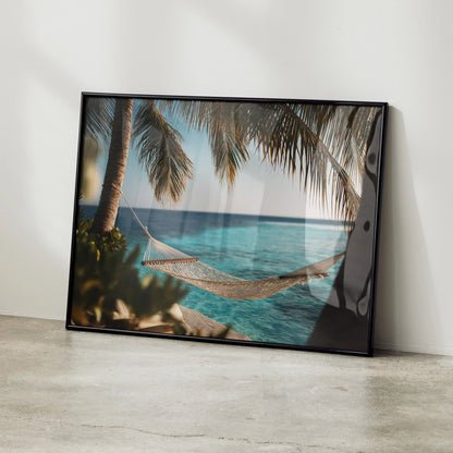 Ocean waves digital art poster with hammock and palm trees, relaxing wall art decor.