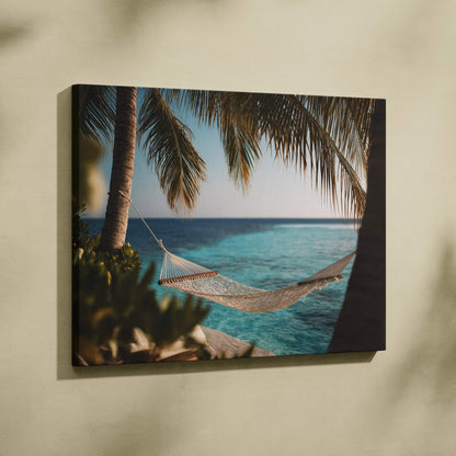 Canvas wall art featuring a serene beach scene with a hammock between palm trees over clear blue water.
