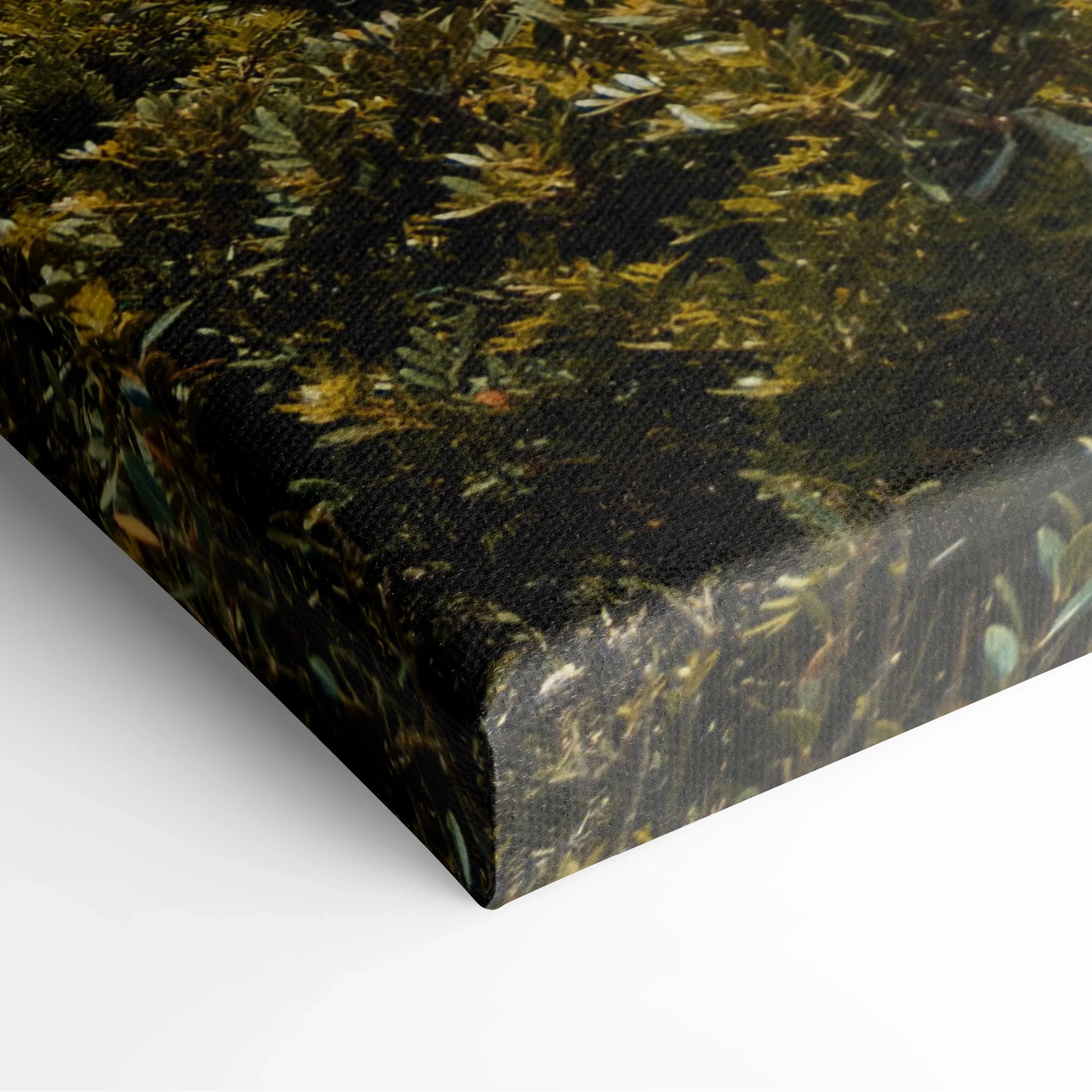 Corner close-up of textured canvas wall art featuring detailed mountain and ocean landscape painting.