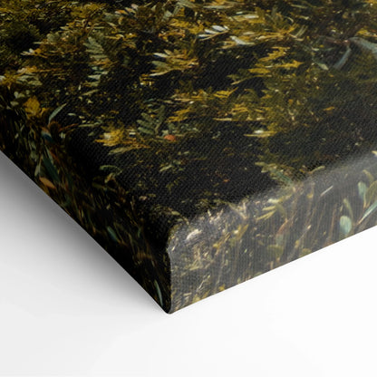 Corner close-up of textured canvas wall art featuring detailed mountain and ocean landscape painting.