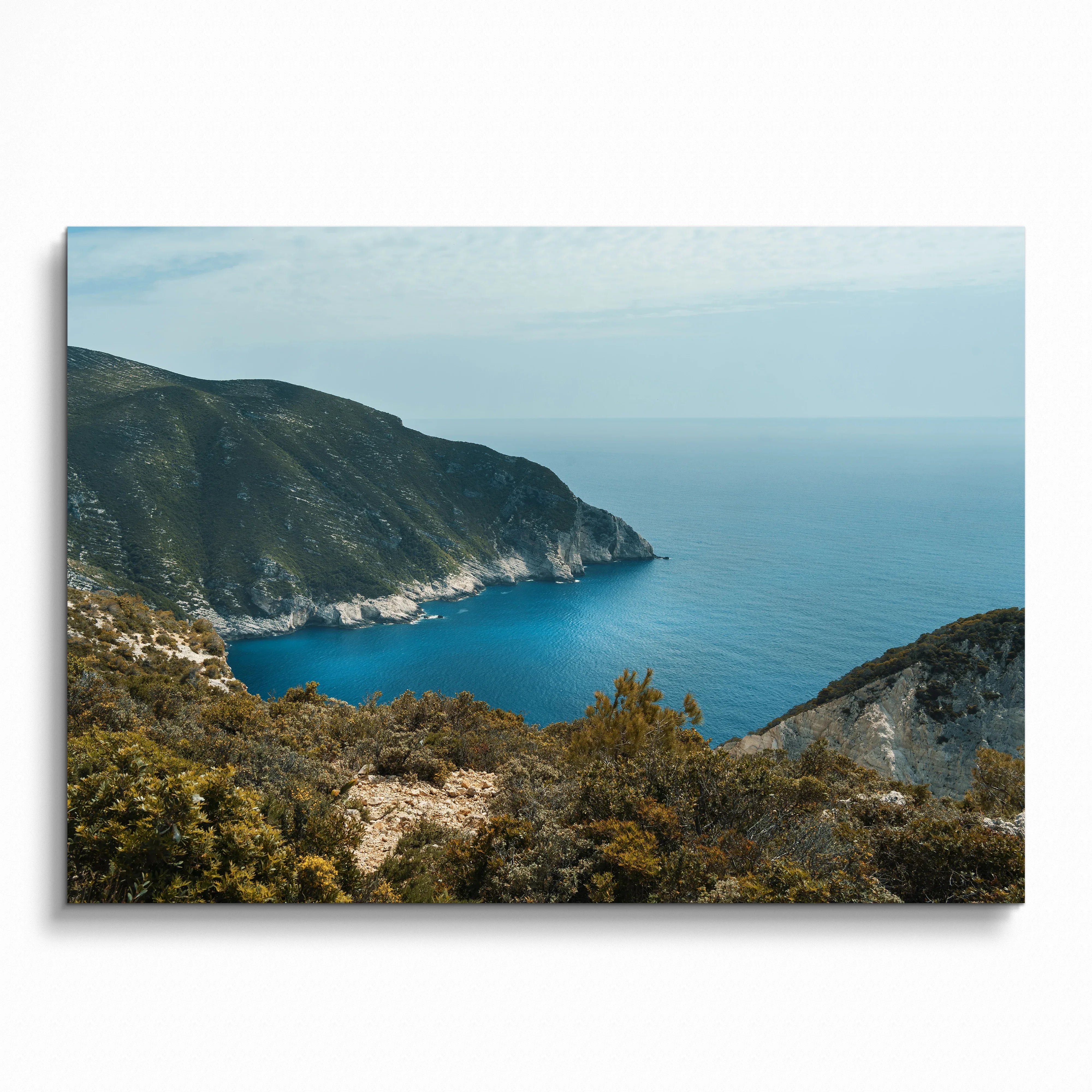 Majestic mountains and ocean coastline at sunset poster wall art with natural landscape.