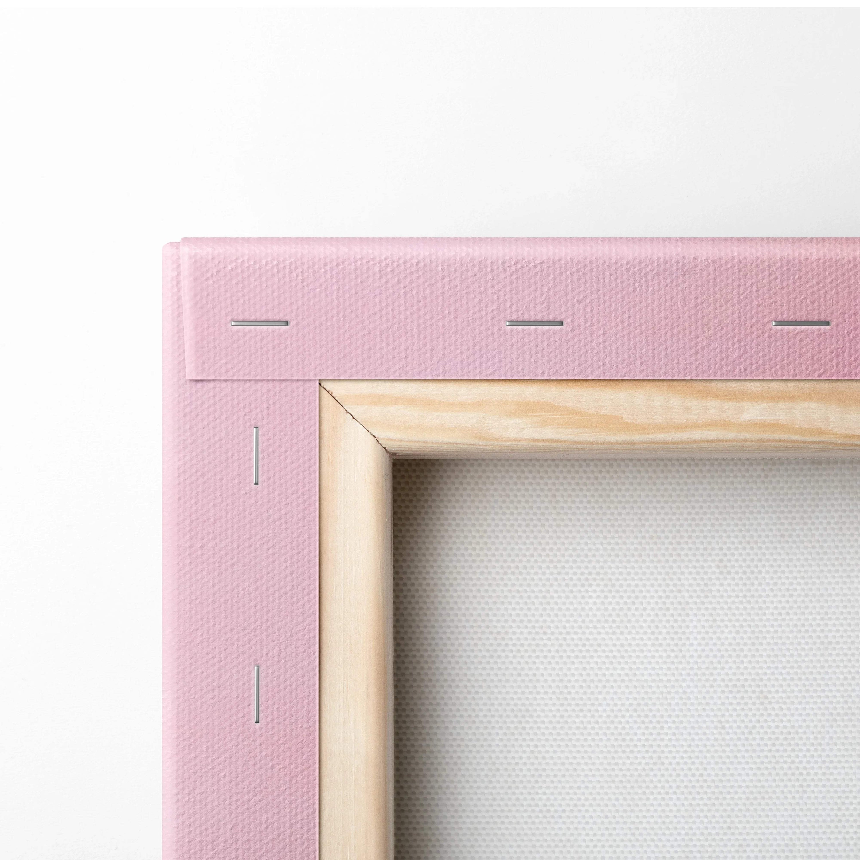 Pink textured canvas frame with light wood border, ethereal sky gradient art