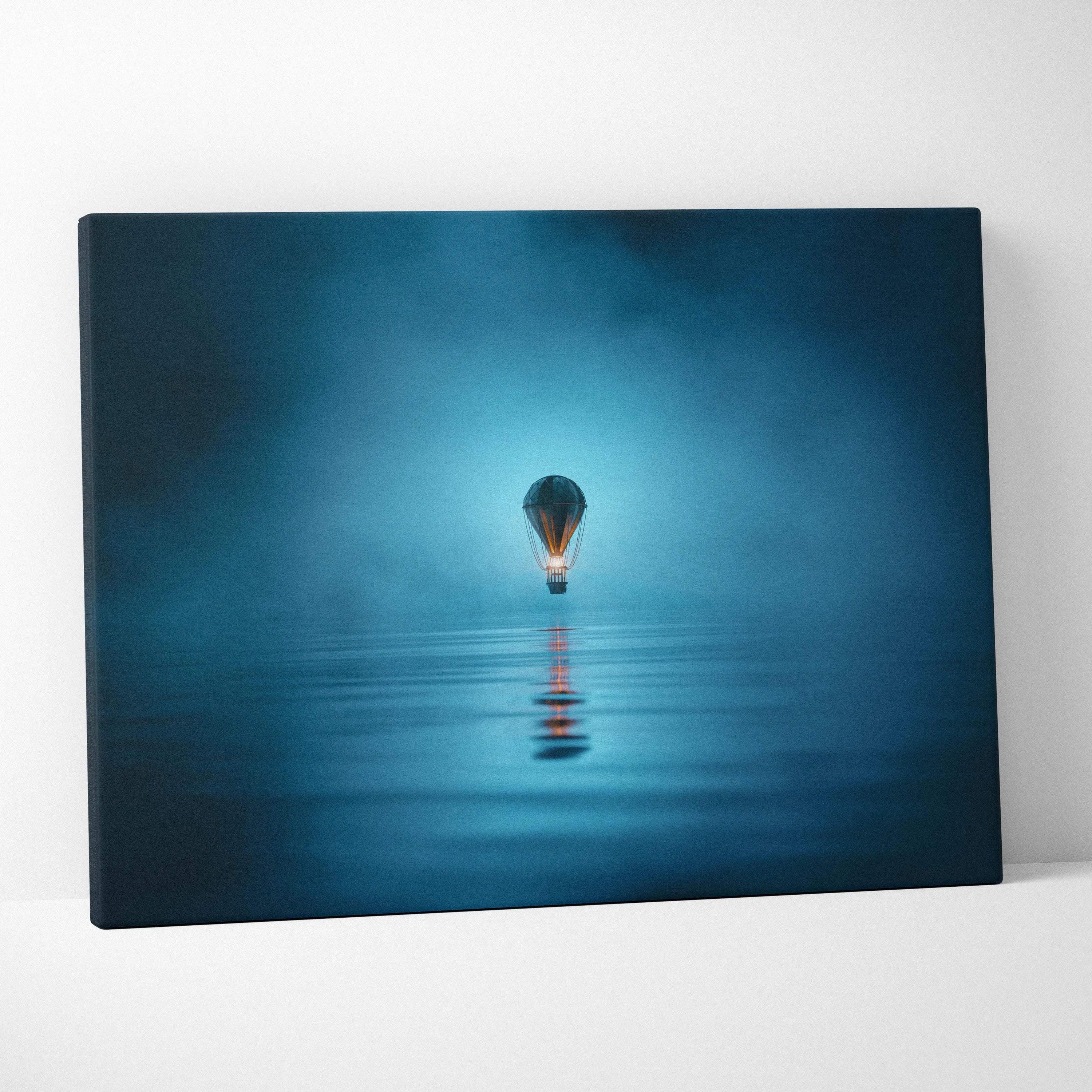 Glowing light bulb floating on calm blue water canvas print reflection