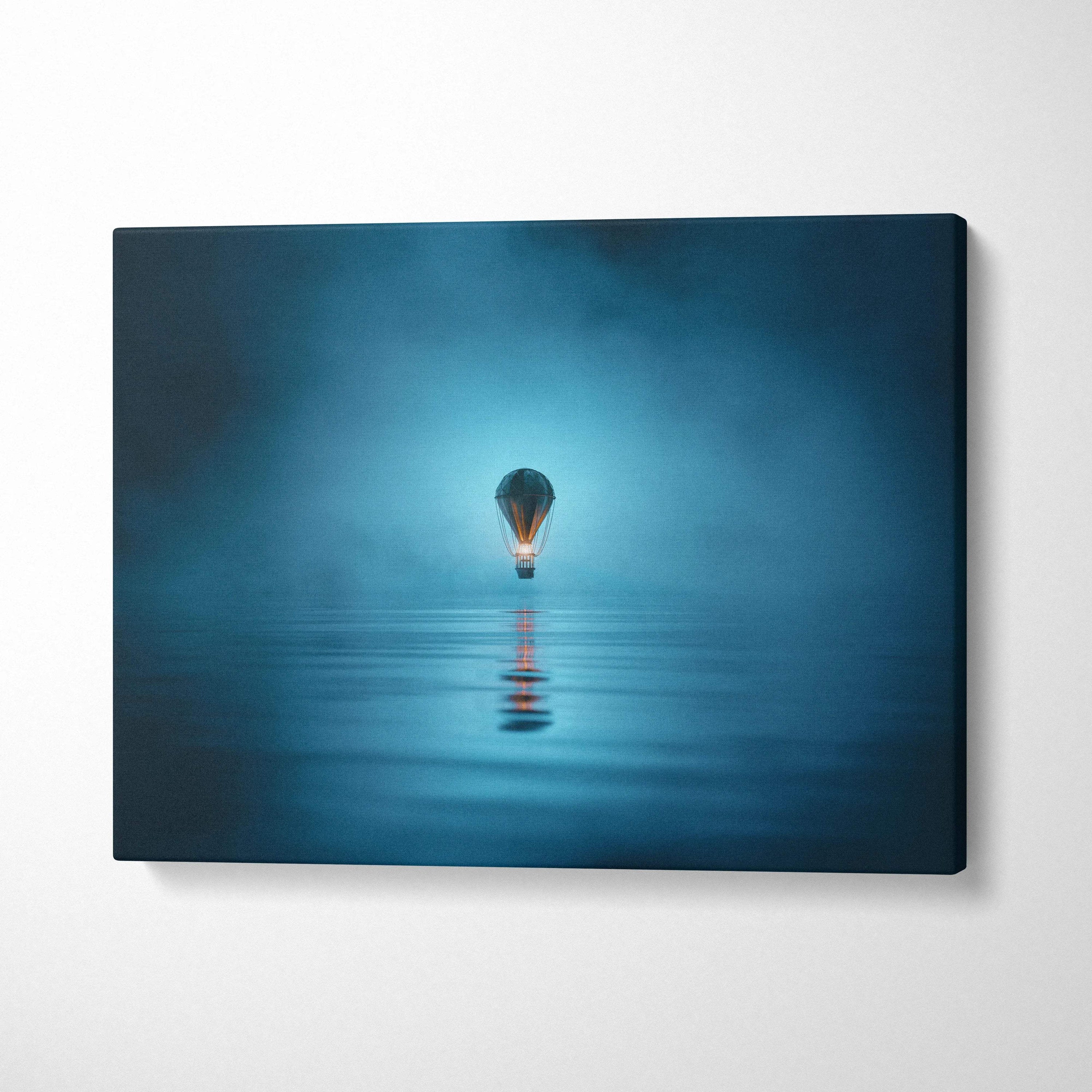 Blue glowing light bulb floating on teal water mist canvas wall art