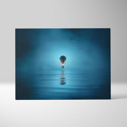 Glowing light bulb in misty blue water, minimal cinematic wall art