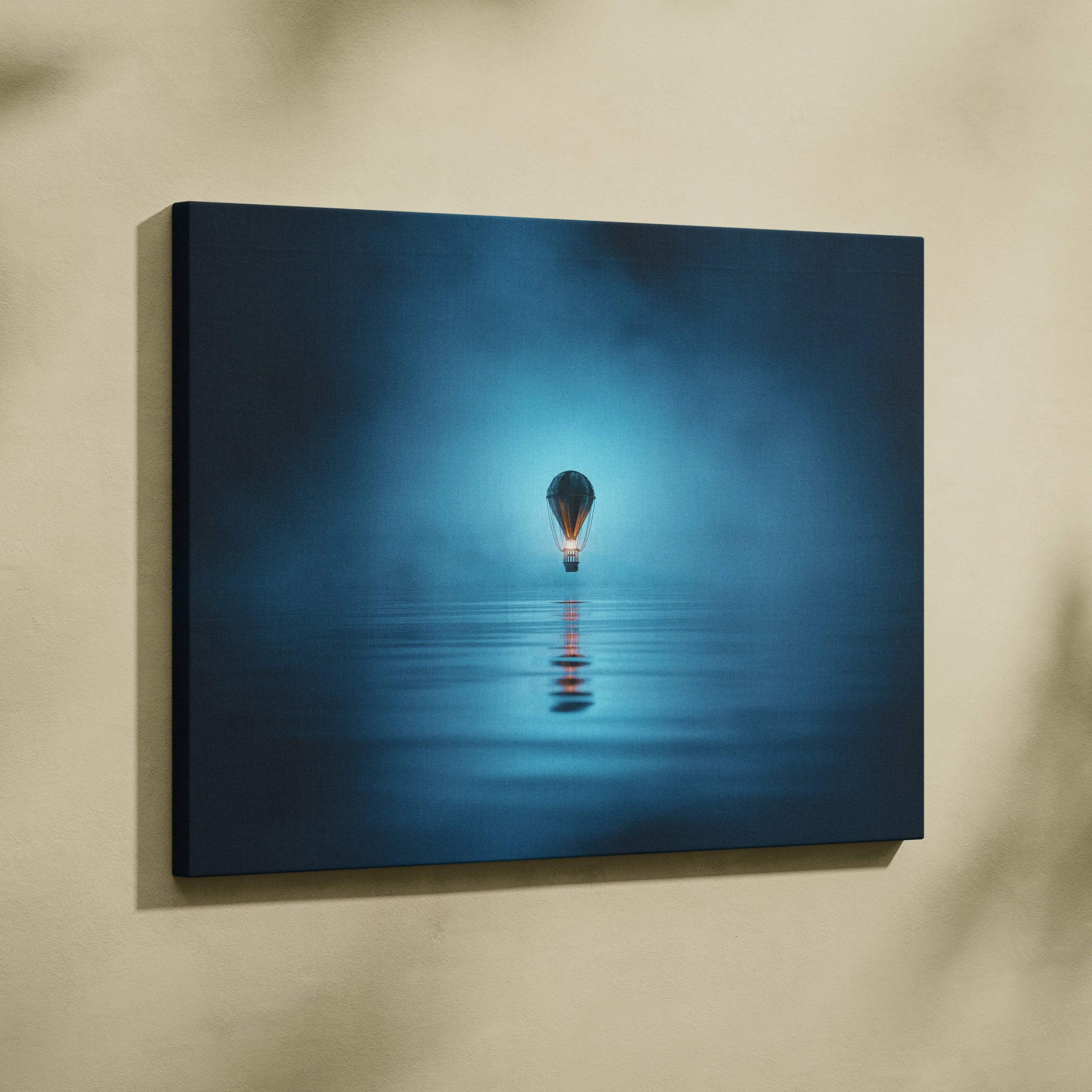 Minimal cinematic canvas art of lone glowing hot air balloon over deep blue teal water reflection
