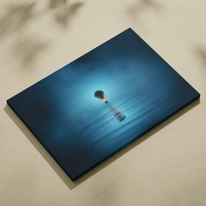 Minimal cinematic canvas print of glowing hot air balloon over teal water mist