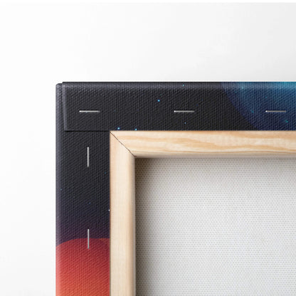 Light wood frame with cosmic canvas print in deep blues and red hues