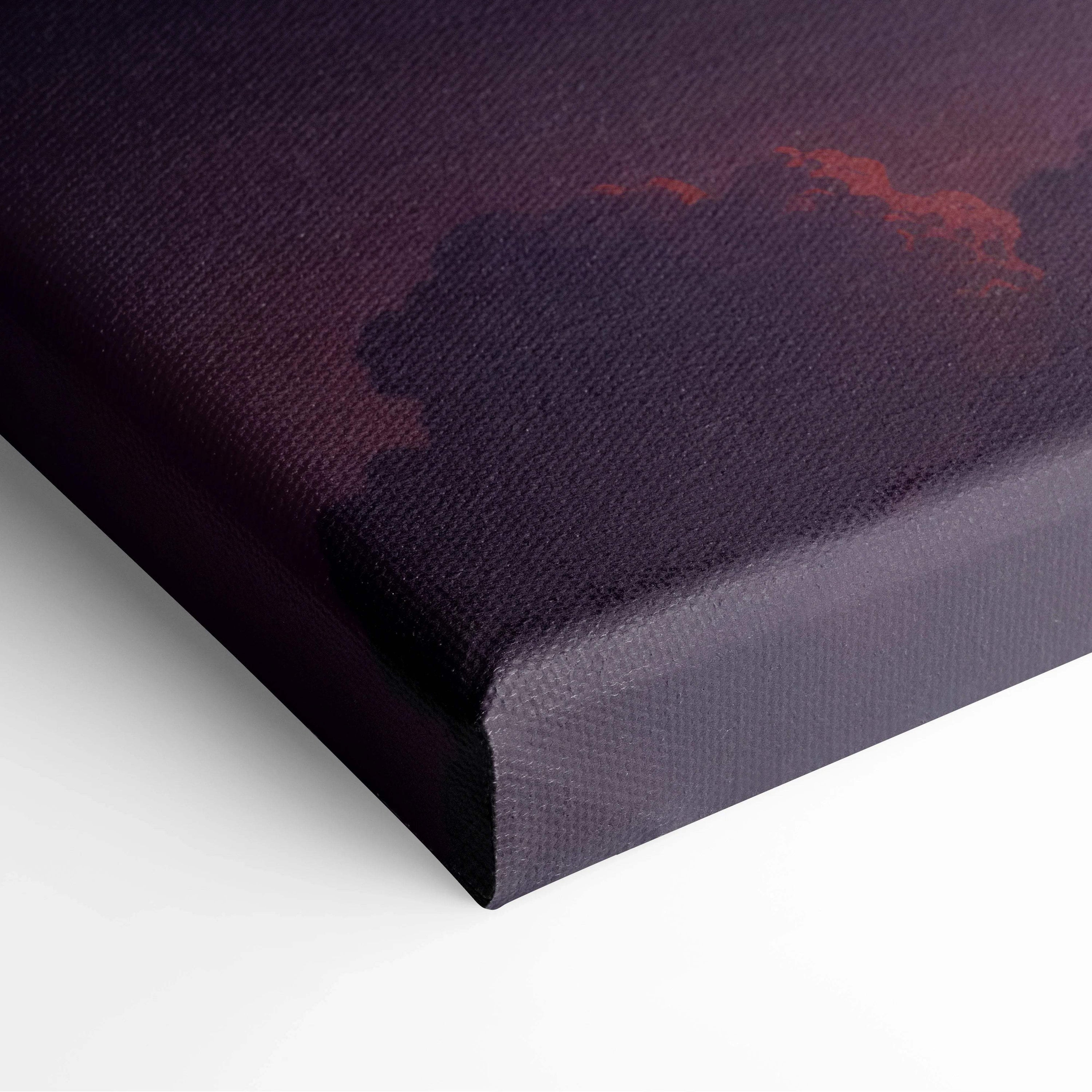 Dark purple canvas print of fantasy hot air balloons over sunset cloud valley