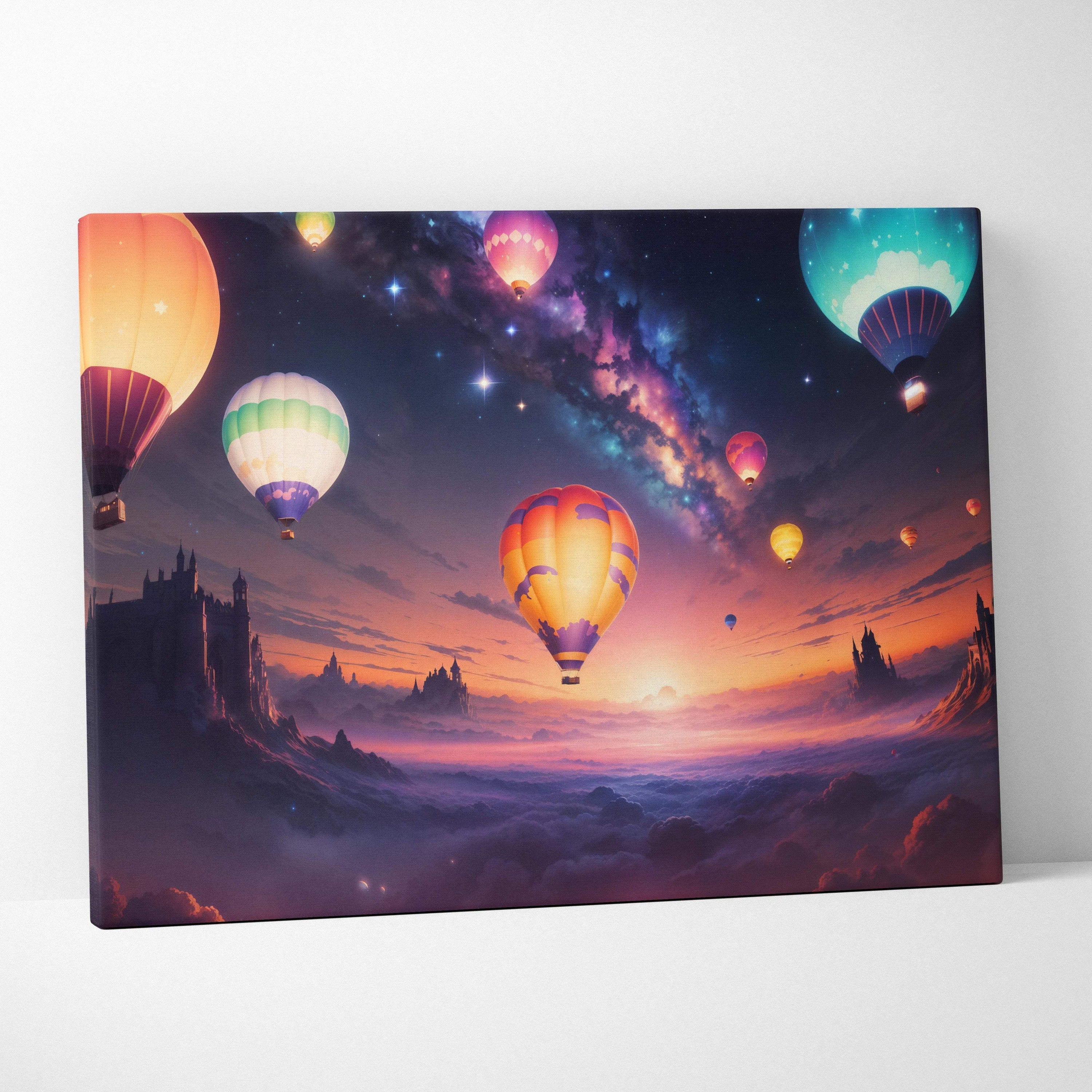 Whimsical hot air balloons over dreamlike cloud valley at sunset canvas art