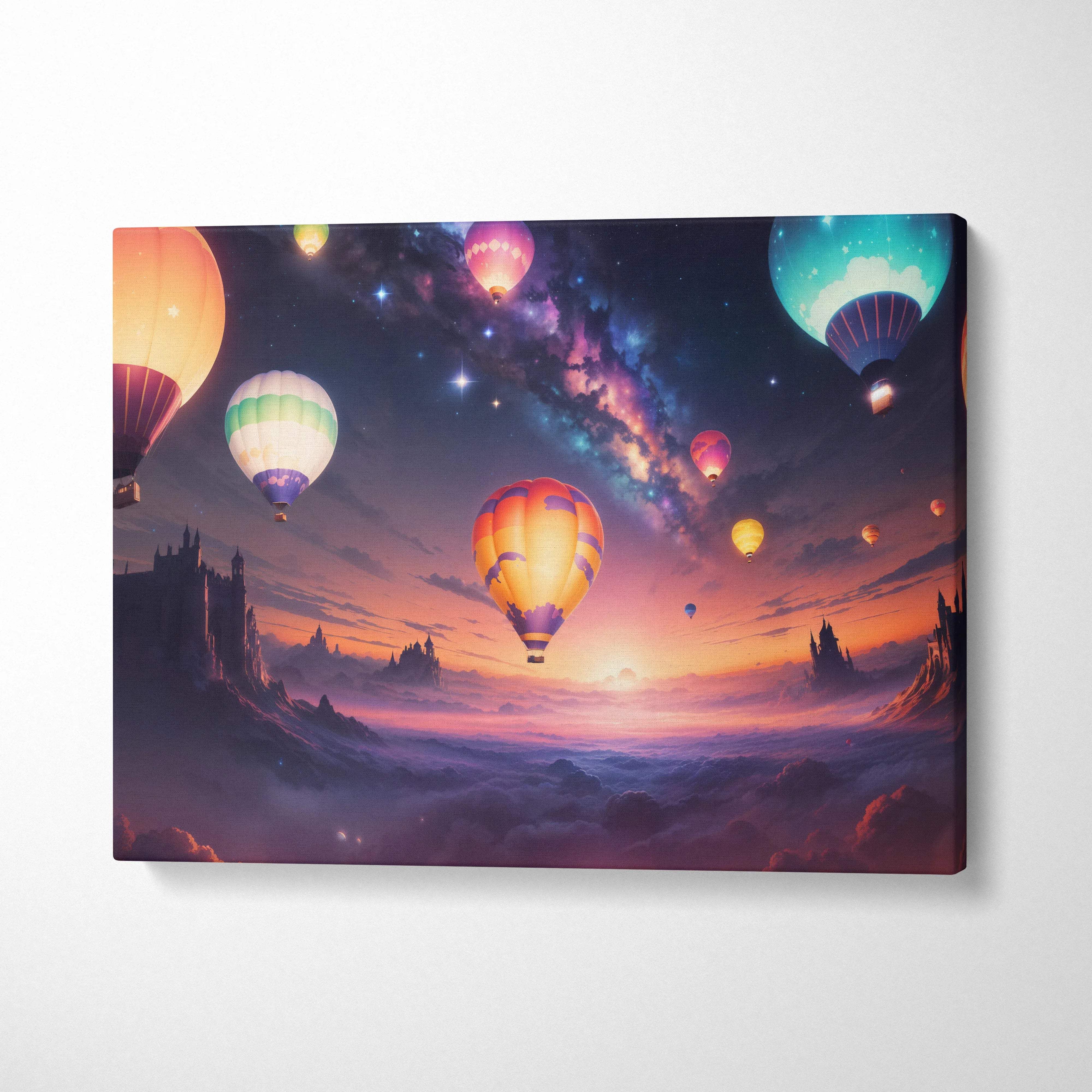 Whimsical hot air balloons over dreamlike cloud valley at sunset canvas art