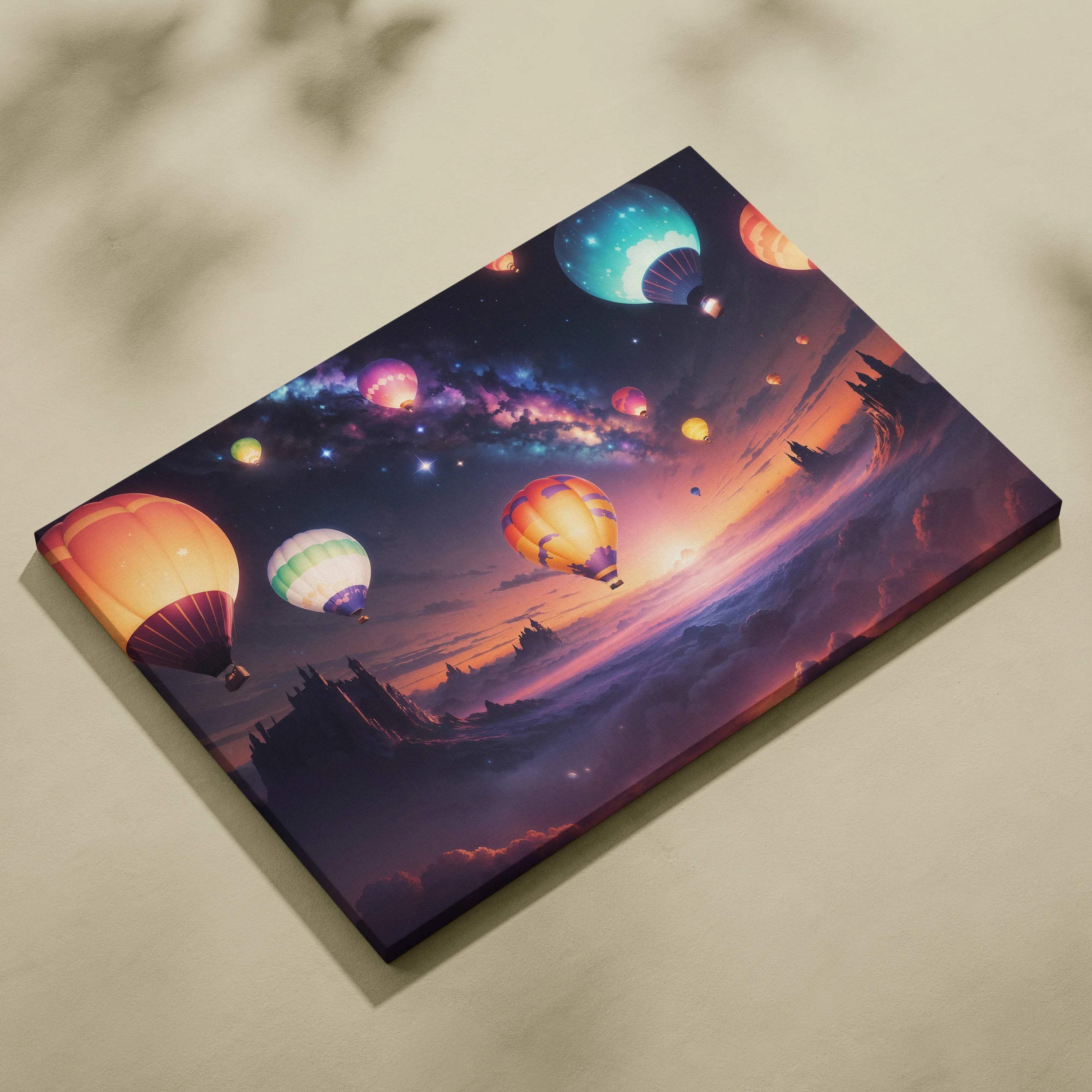 Whimsical hot air balloons over dreamlike cloud valley at sunset canvas art