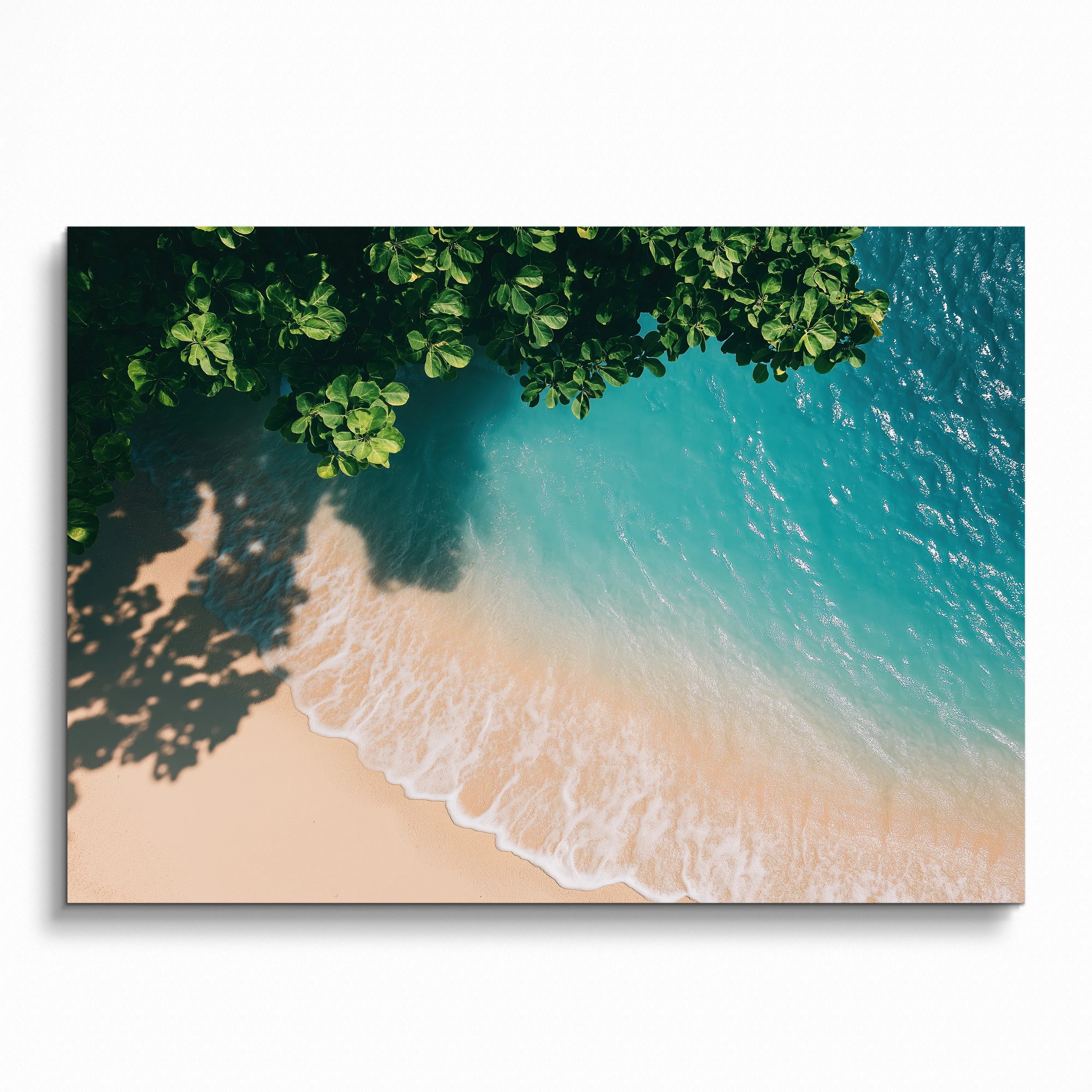 Beach digital art poster showing turquoise waves gently washing onto sandy shore with leafy green overhang, wall art decor.
