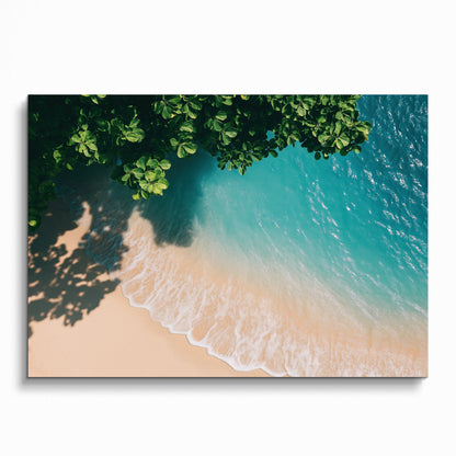 Beach digital art poster showing turquoise waves gently washing onto sandy shore with leafy green overhang, wall art decor.