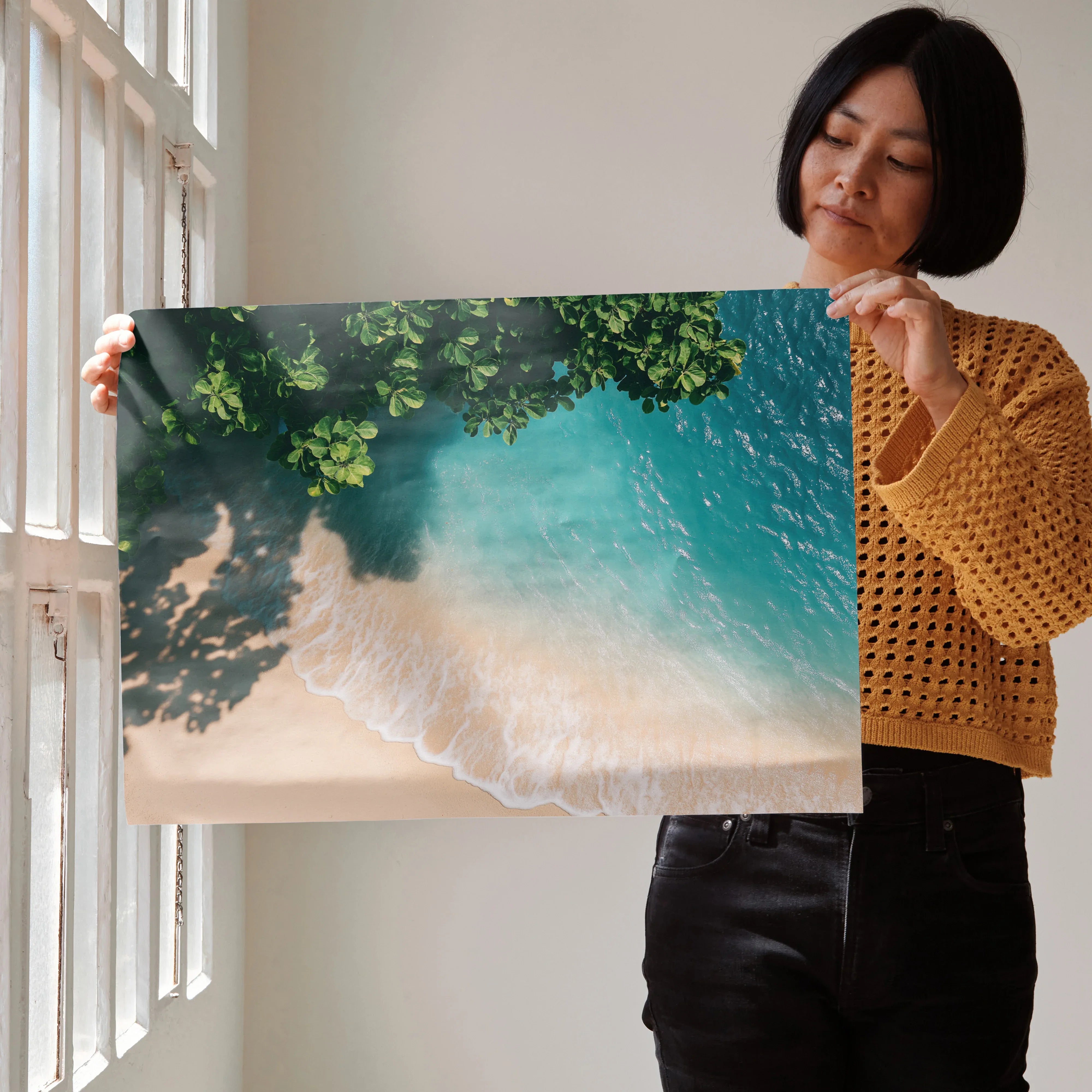 Beach scene digital art poster with turquoise water, white sand, and lush green foliage wall art.