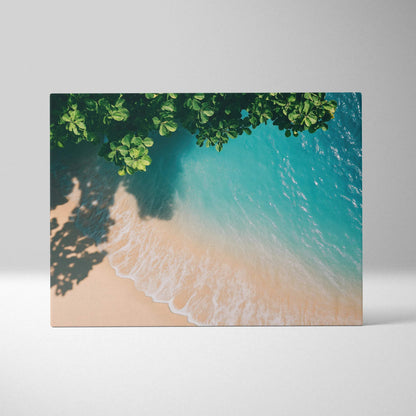 Tranquil beach canvas wall art with turquoise ocean waves and sandy shore viewed from above.