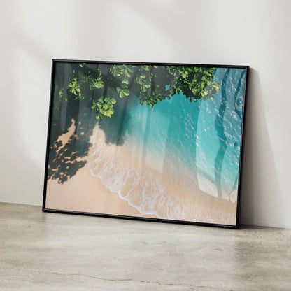 Beach scene digital art poster with turquoise waves, sandy shore, and leafy shadows, modern wall art.