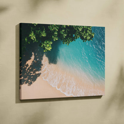 Canvas wall art featuring tranquil beach scene with ocean waves and leafy shadows.