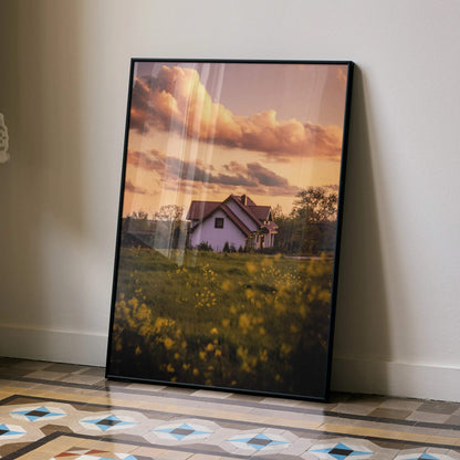 Vertical sunset poster featuring a house surrounded by floral fields as wall art.