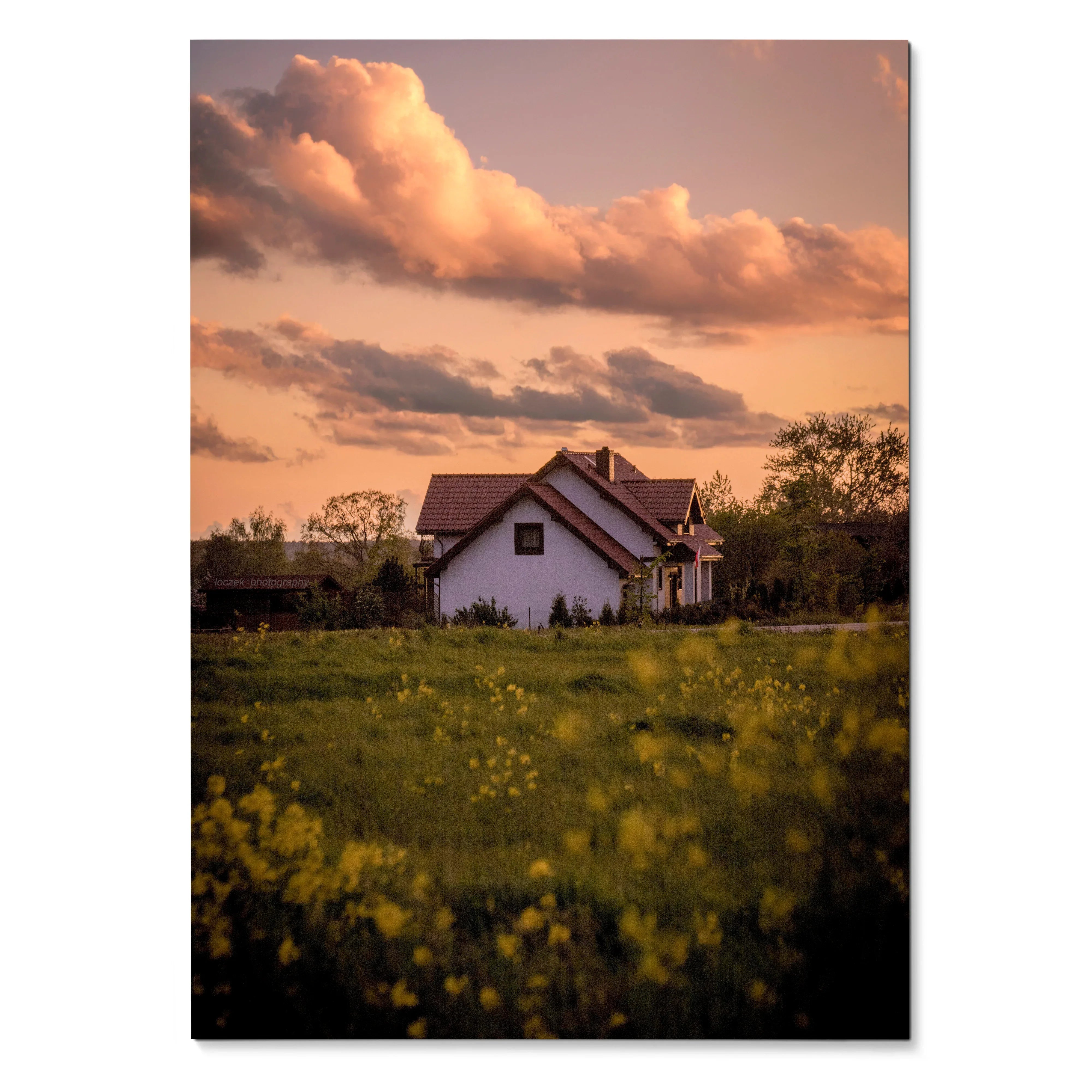 Sunset sky over countryside house with flowers in foreground vertical poster wall art.