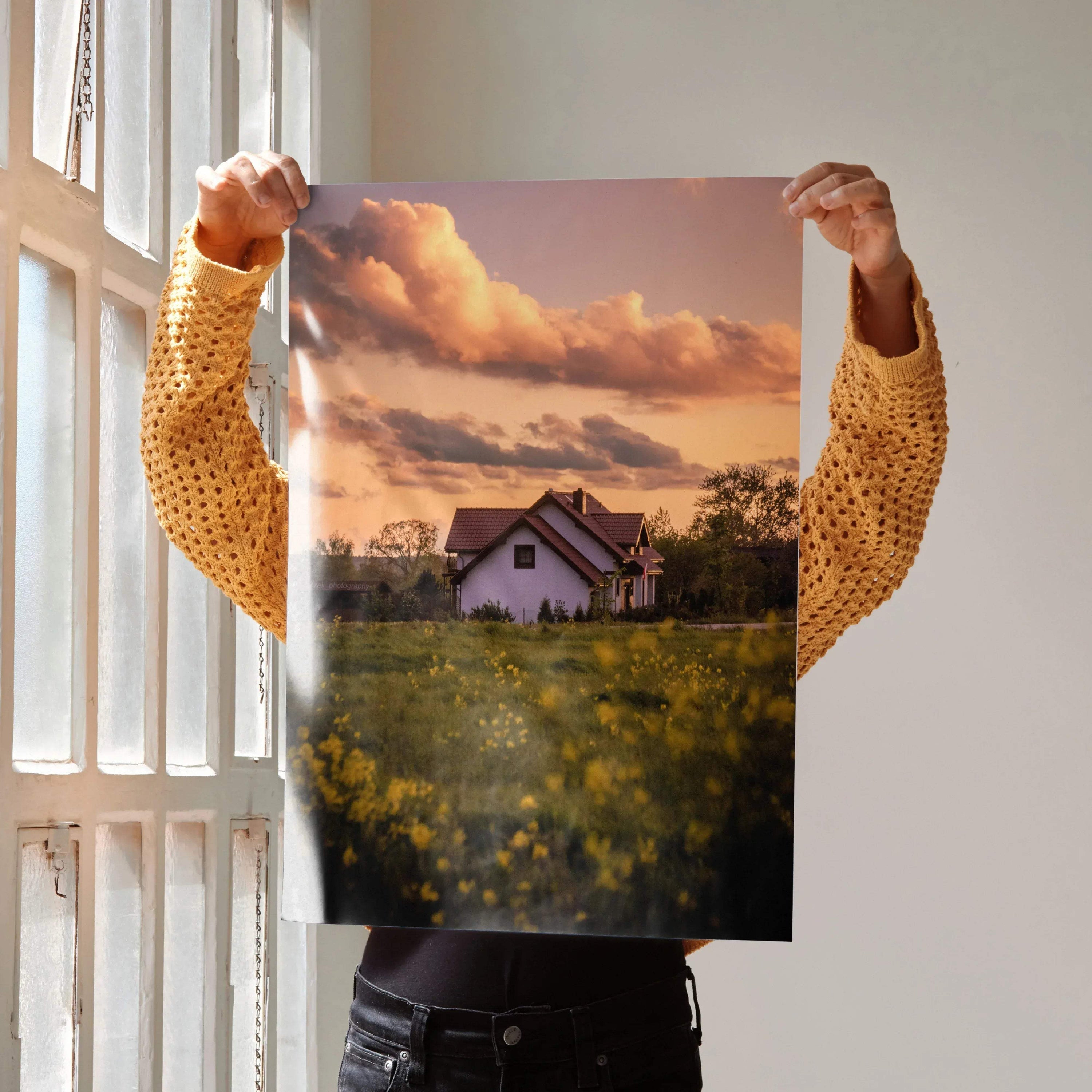 Vertical sunset poster featuring a house surrounded by floral fields as wall art.