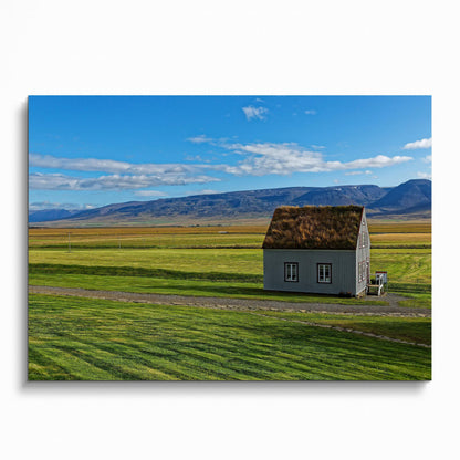Modern architectural building poster featuring a small house in a green field under blue sky wall art.