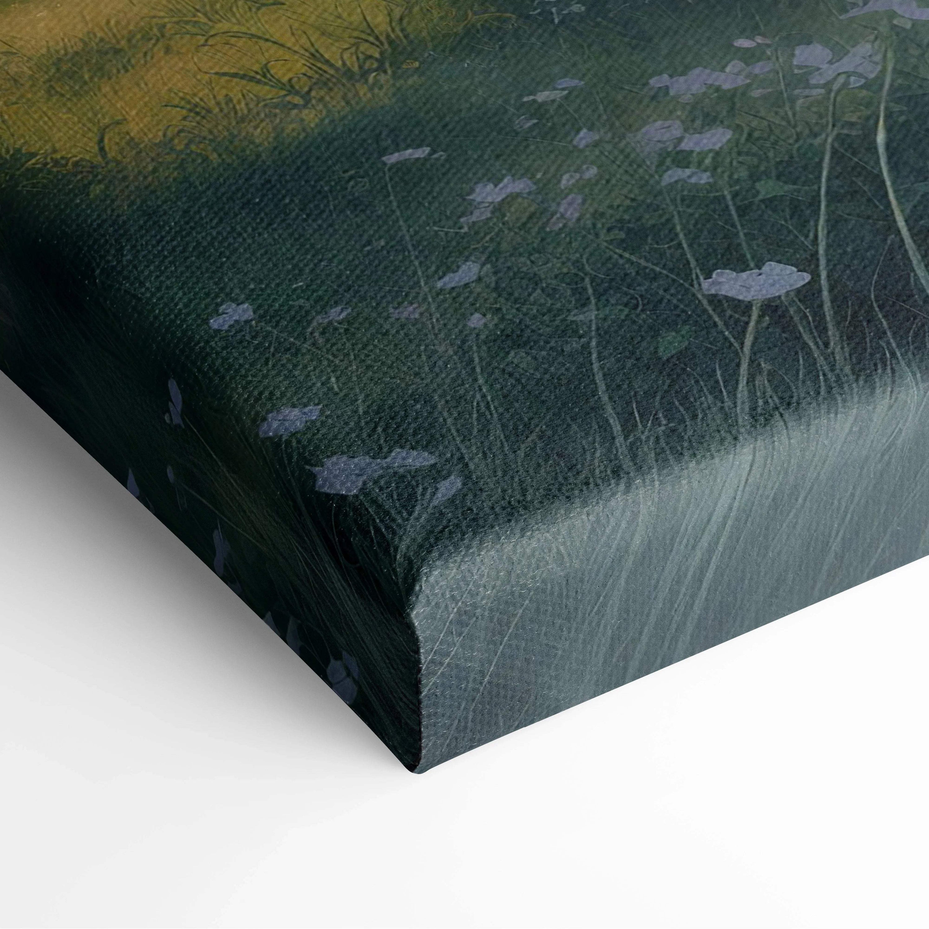 Anime countryside house canvas art with wildflowers, green fields, soft pastels