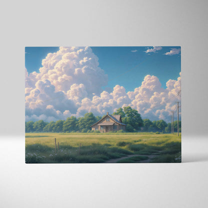Anime countryside house canvas art in soft pastels with green fields
