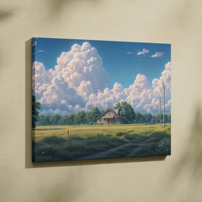 Anime countryside house canvas art with pastel clouds, green fields, warm sunlight