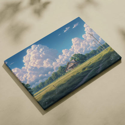 Anime countryside house canvas wall art in soft pastels with green fields