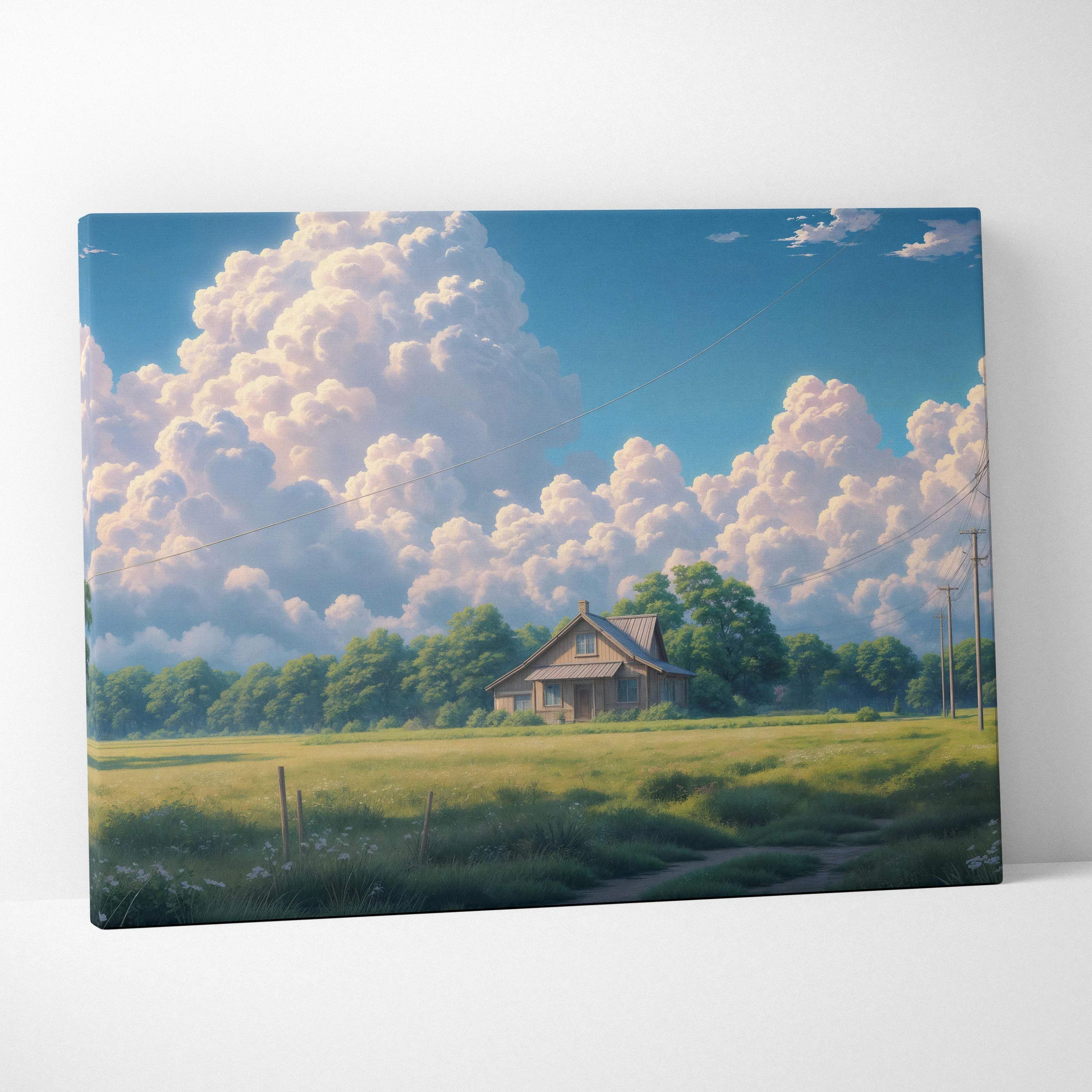 Anime countryside house canvas art with pastel fields, warm sunlight, rustic home, golden field, fluffy clouds