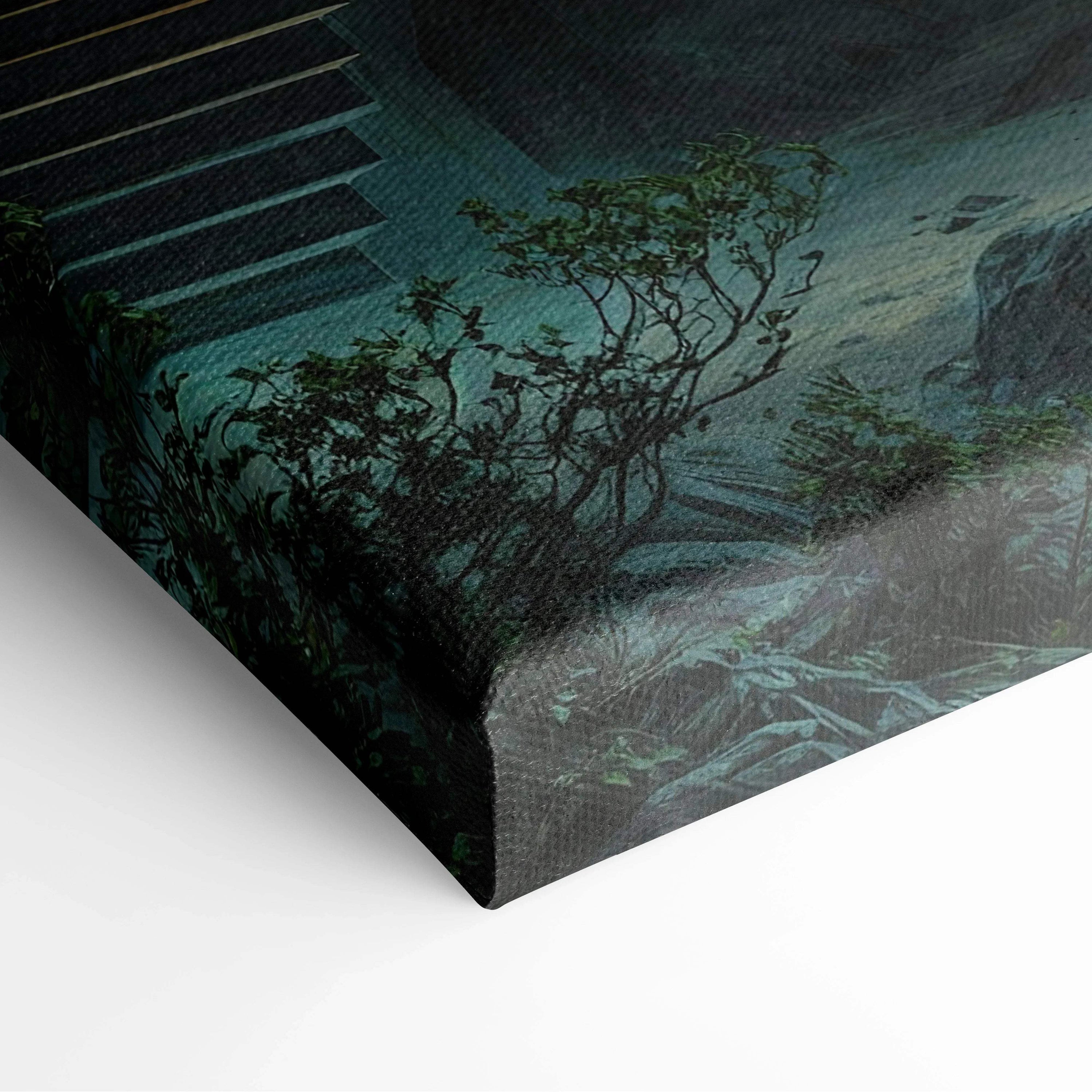 Teal moonlit coastal house with tower, gnarled trees on canvas print