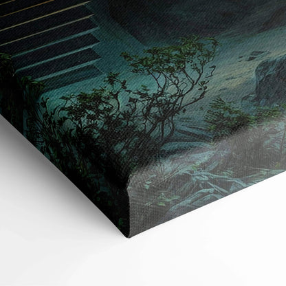 Teal moonlit coastal house with tower, gnarled trees on canvas print