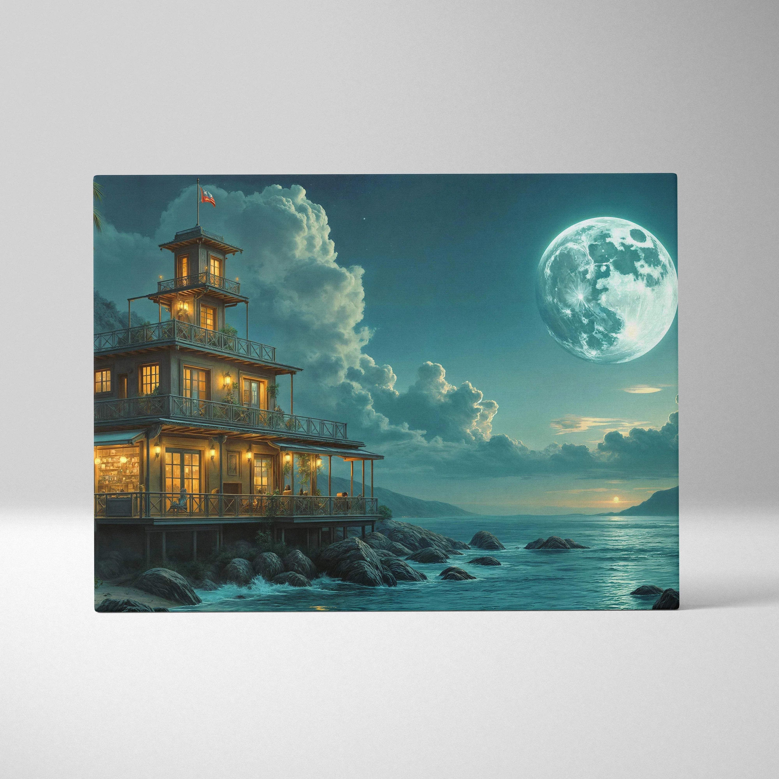 Coastal moonlit house with tower by ocean canvas art in teal night sky