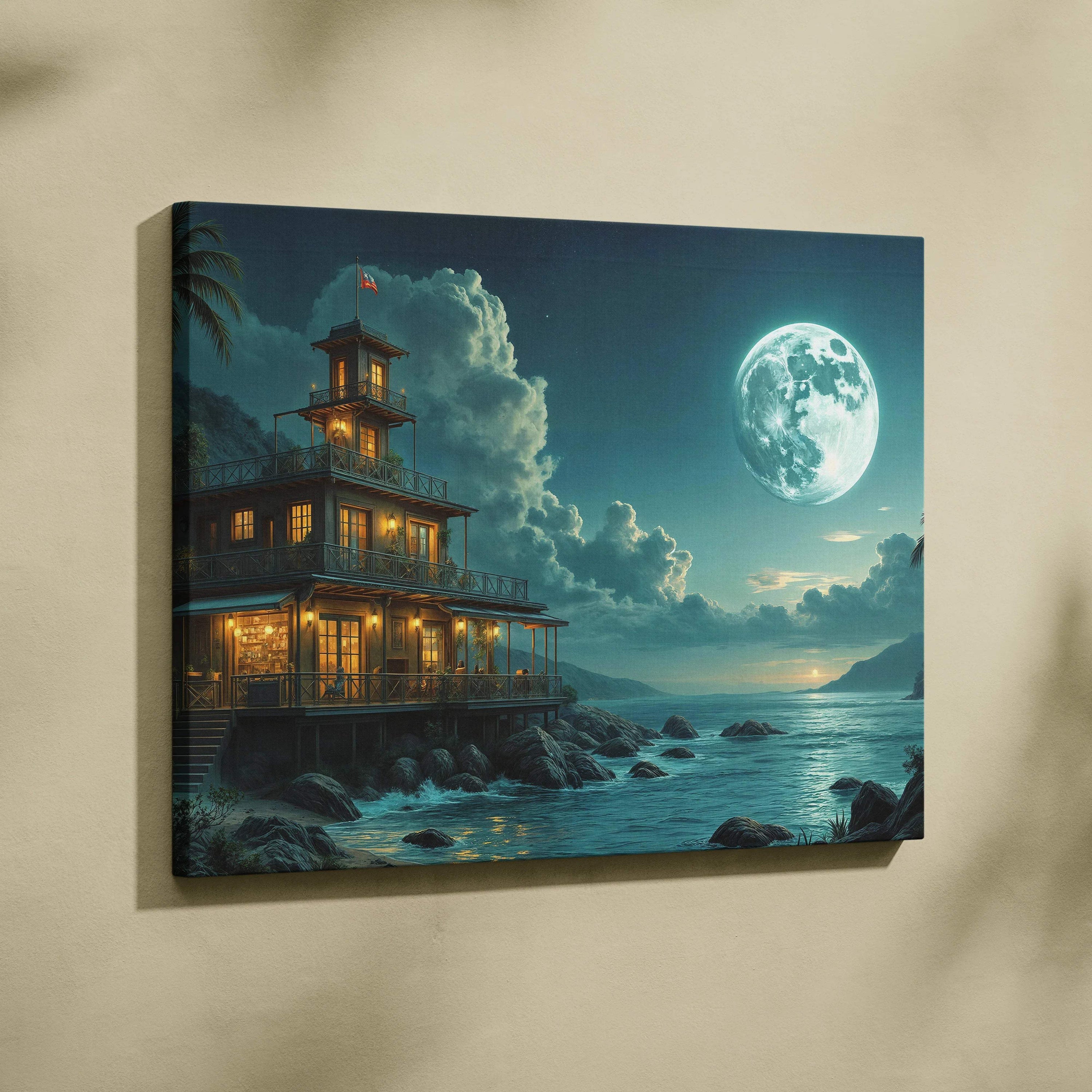 Coastal moonlit house with tower by ocean canvas art in teal night sky