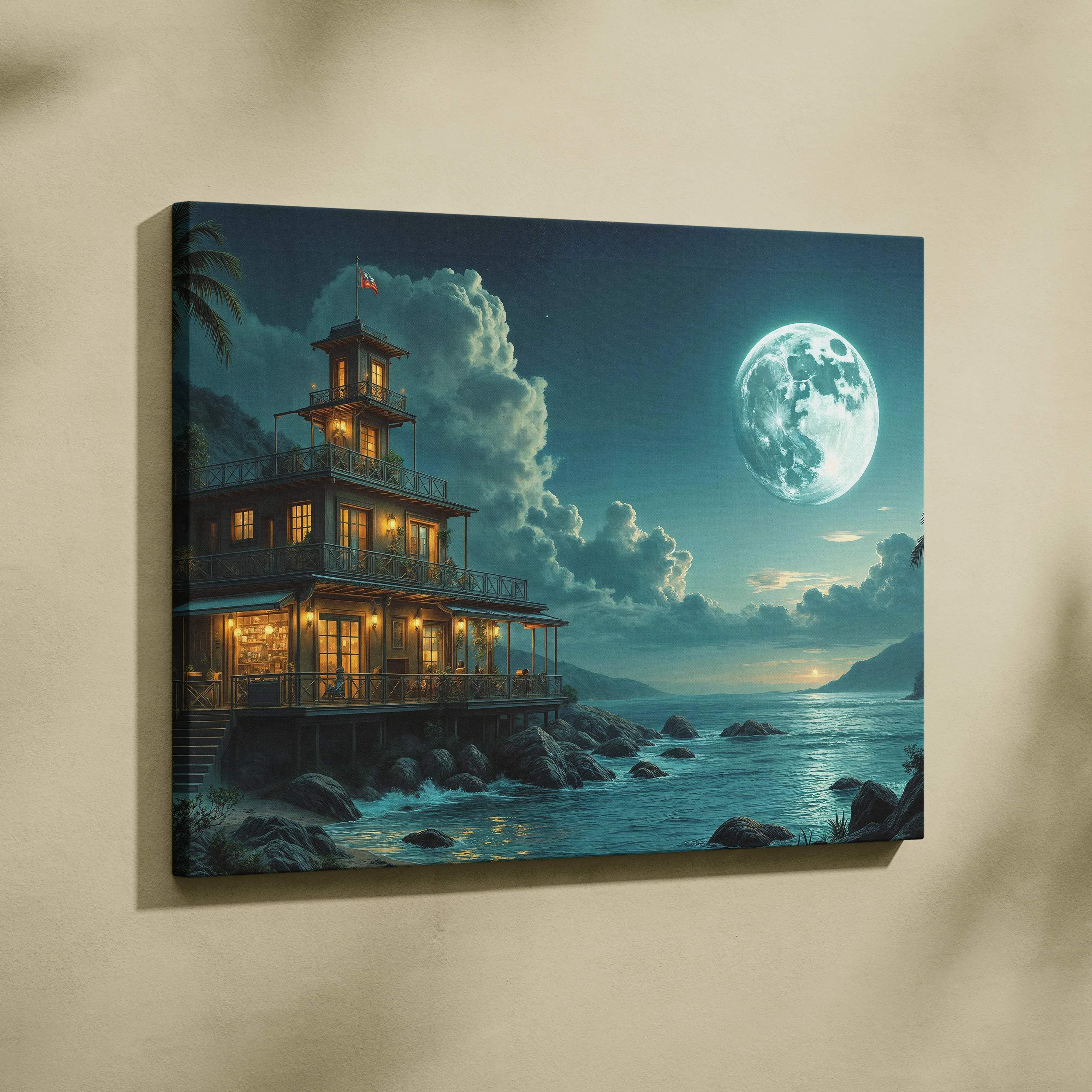 Coastal moonlit house with tower by ocean canvas art in teal night sky