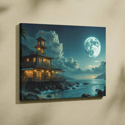 Coastal moonlit house with tower by ocean canvas art in teal night sky