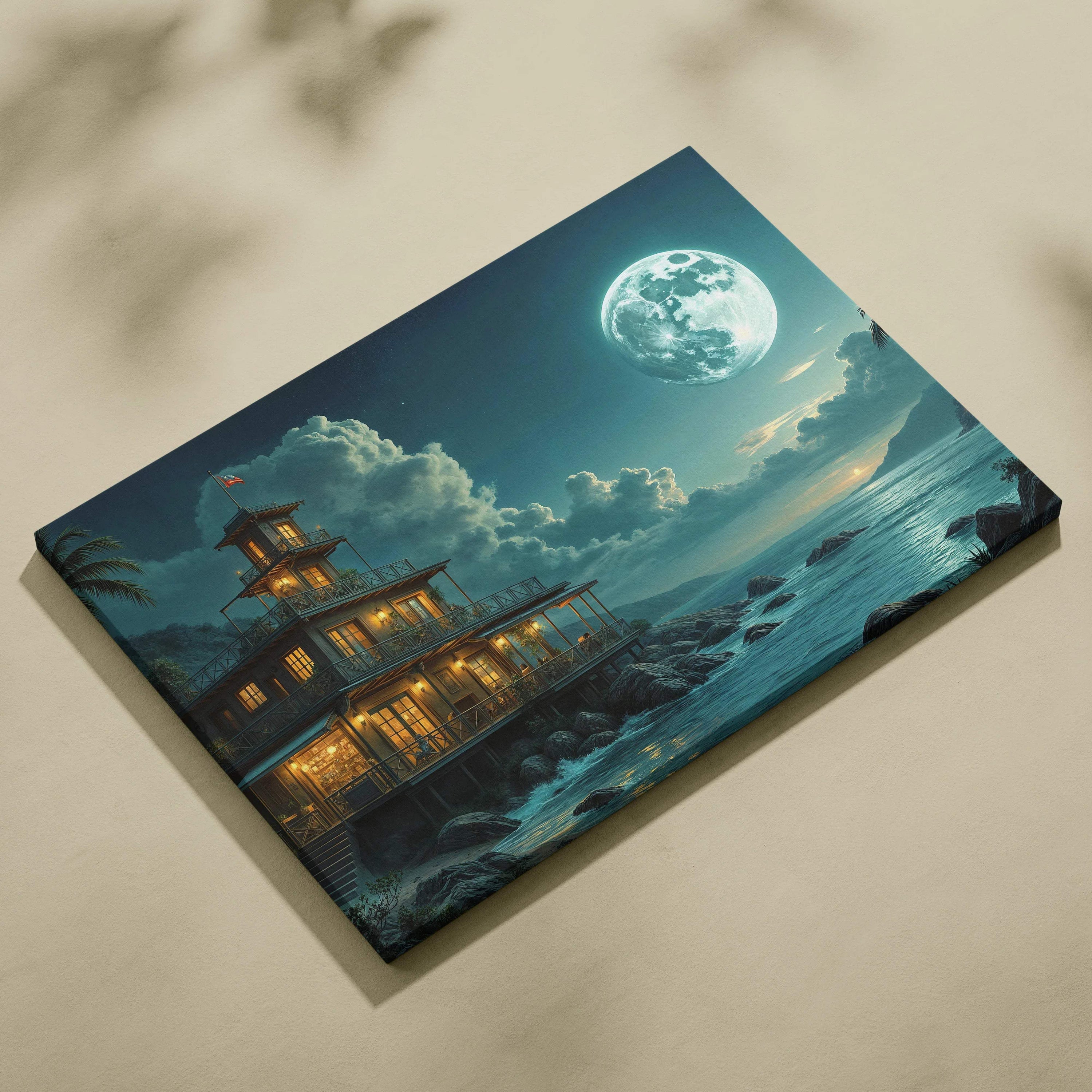 Cozy multi-story seaside house canvas print with tower, teal moonlit sky, ocean, gold lights