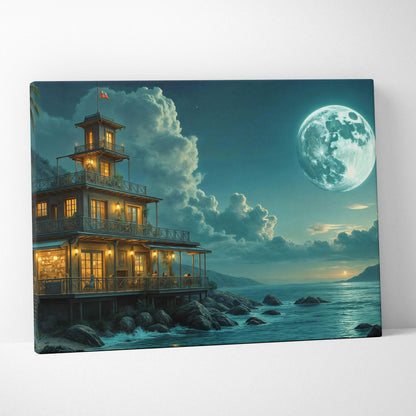 Coastal moonlit house with tower by ocean canvas art in teal night sky
