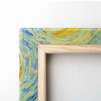 Wood-framed canvas print of Van Gogh Starry Night with swirling blue yellow strokes
