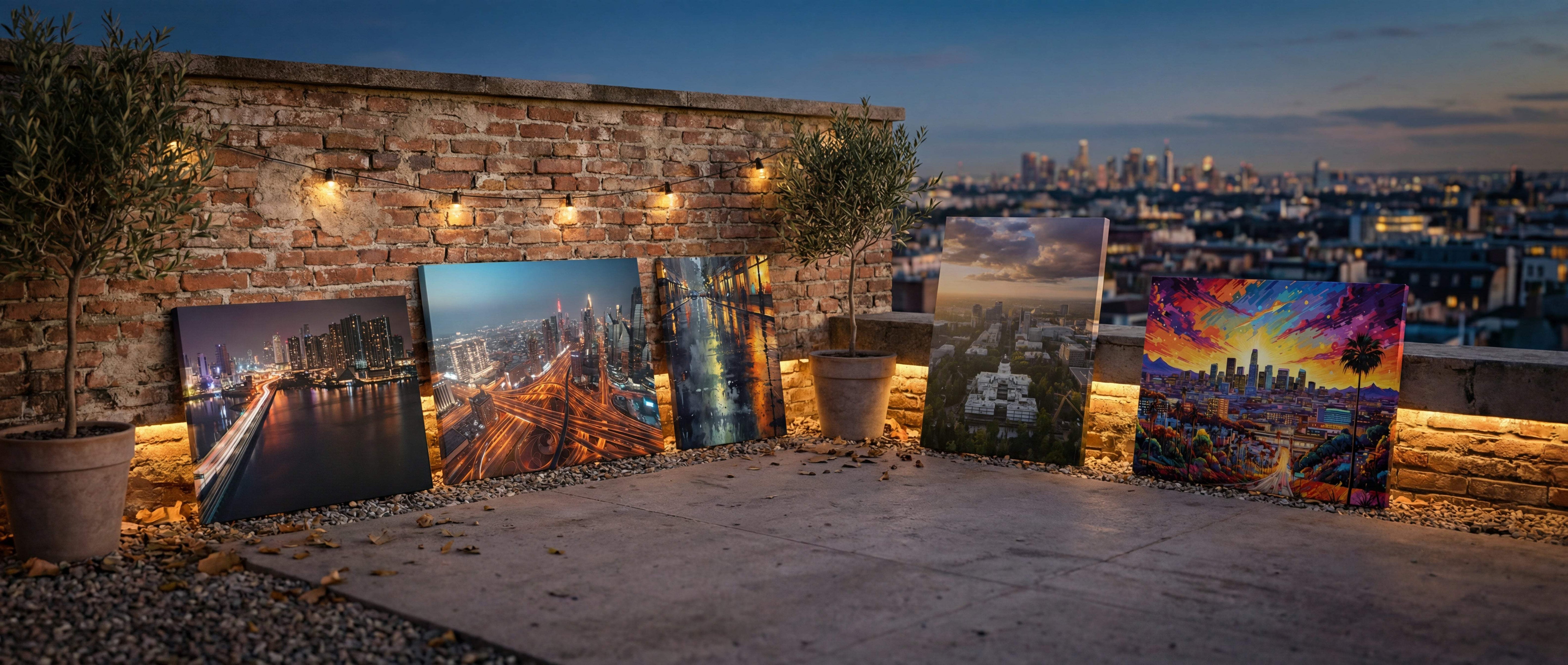 Five vibrant, framed cityscape and landscape canvases lean against a brick wall on an outdoor rooftop patio.