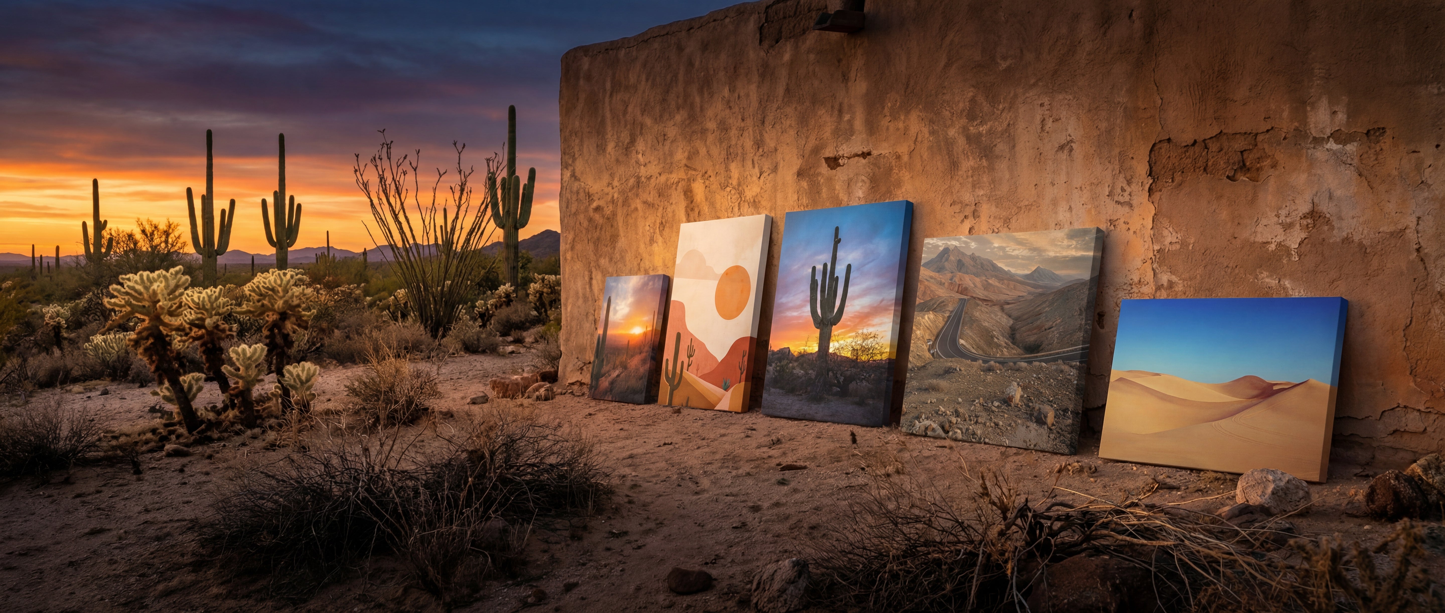Five framed desert landscape prints leaning against a weathered adobe wall, featuring vibrant sunsets and cacti in warm tones of orange, gold, and blue.