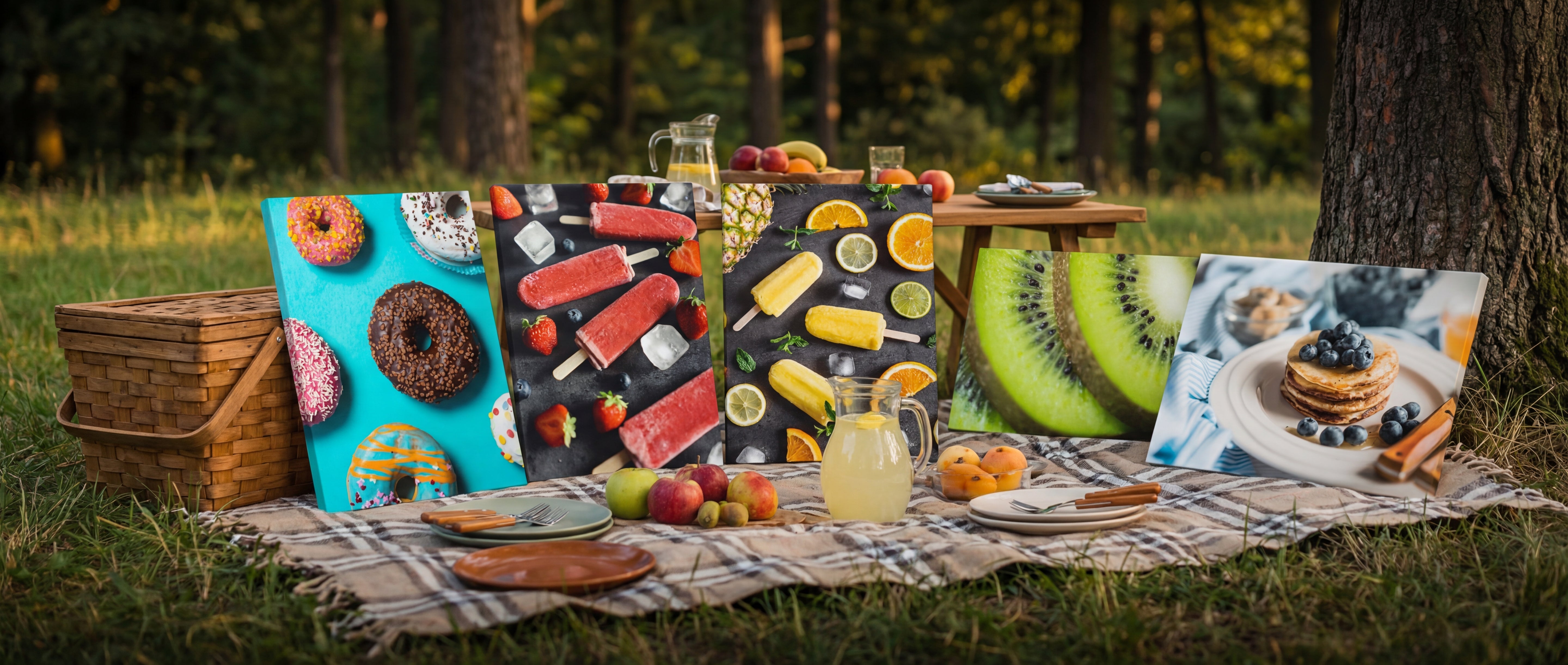 Four rectangular placemats with vibrant, food-themed designs featuring donuts, popsicles, fruit slices and pancakes.