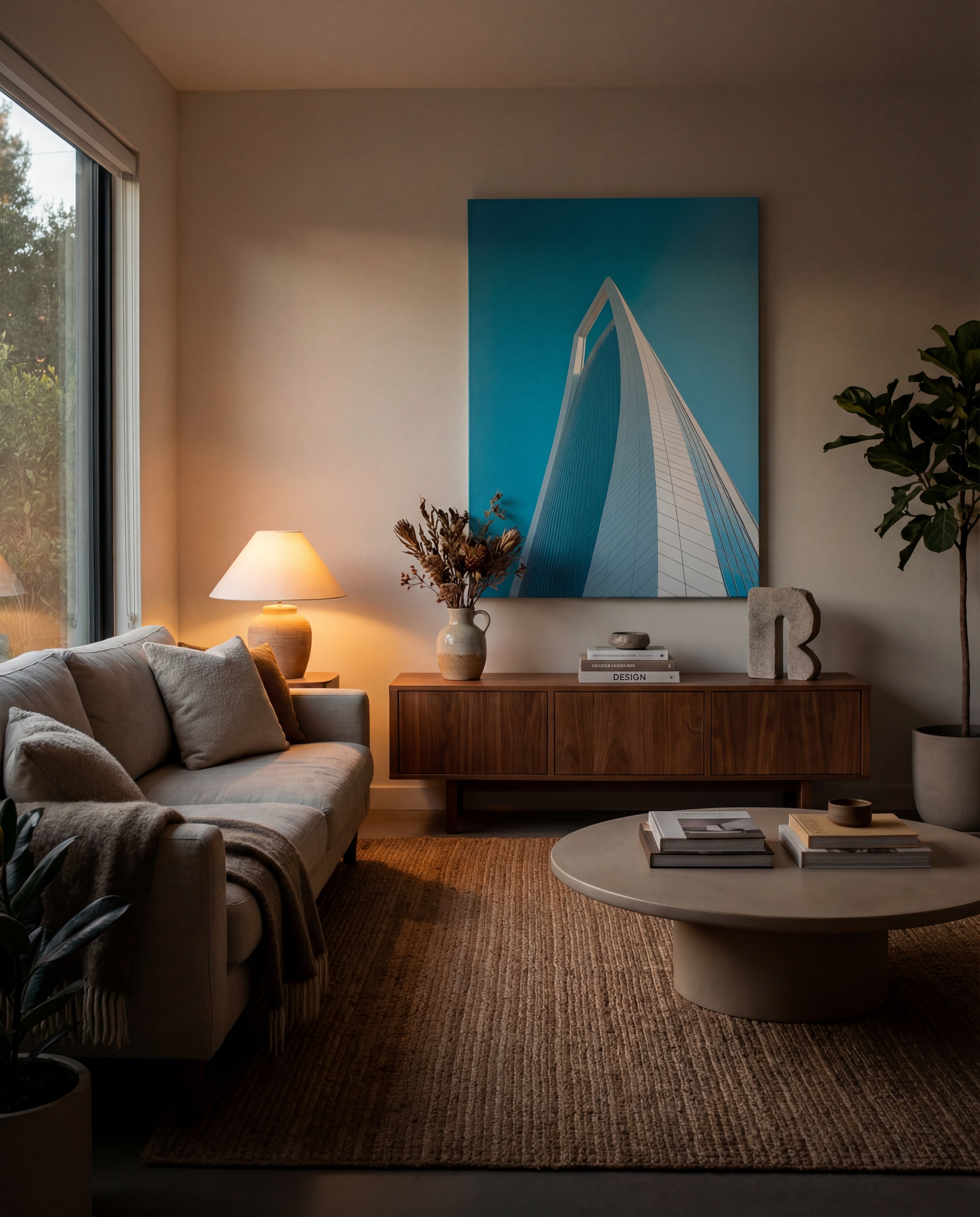 A modern wooden sideboard with a sleek, minimalist design and two drawers.