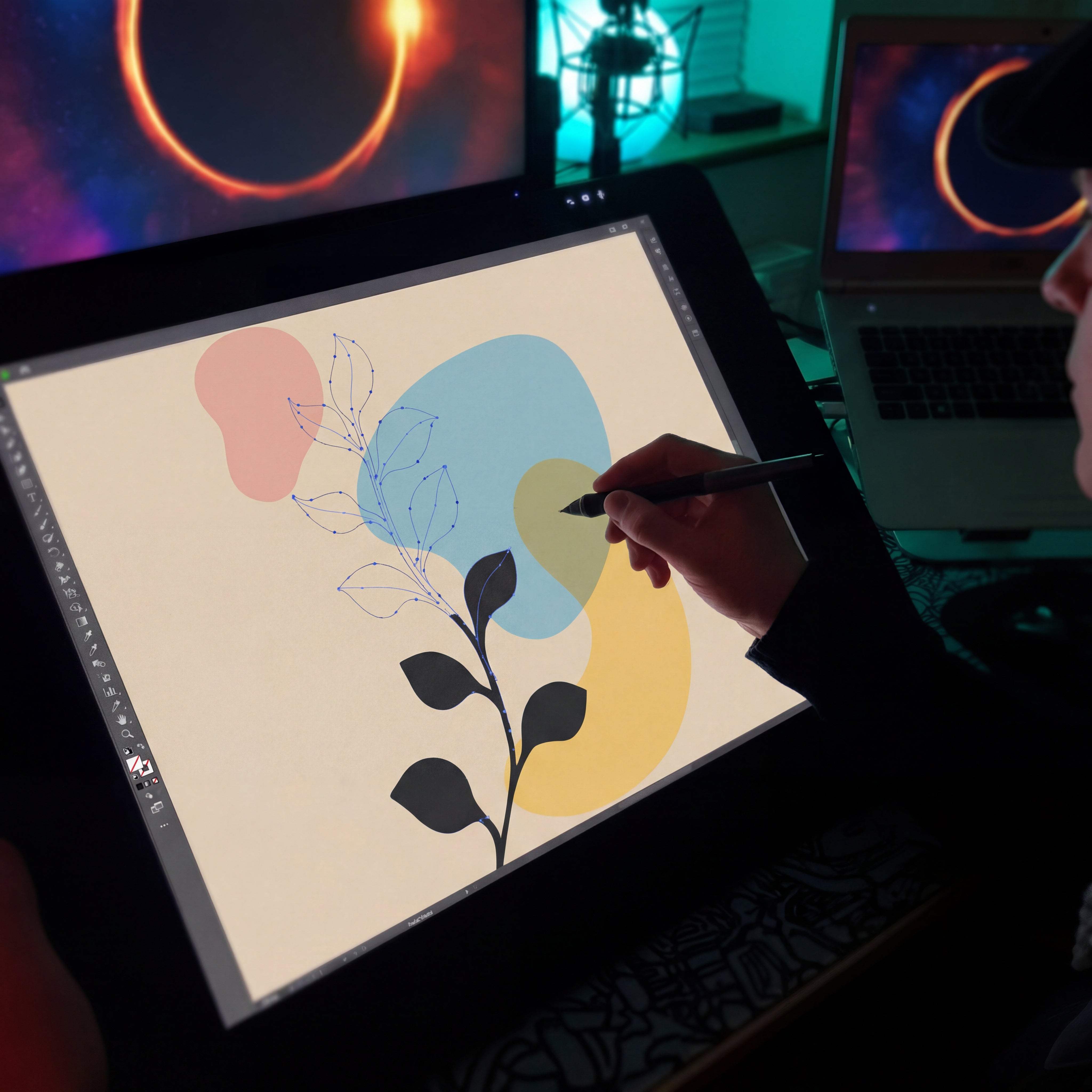 A sleek black wacom cintiq 24hd digital drawing tablet displaying a minimalist botanical illustration with soft pastel abstract shapes and dark leaf outlines.