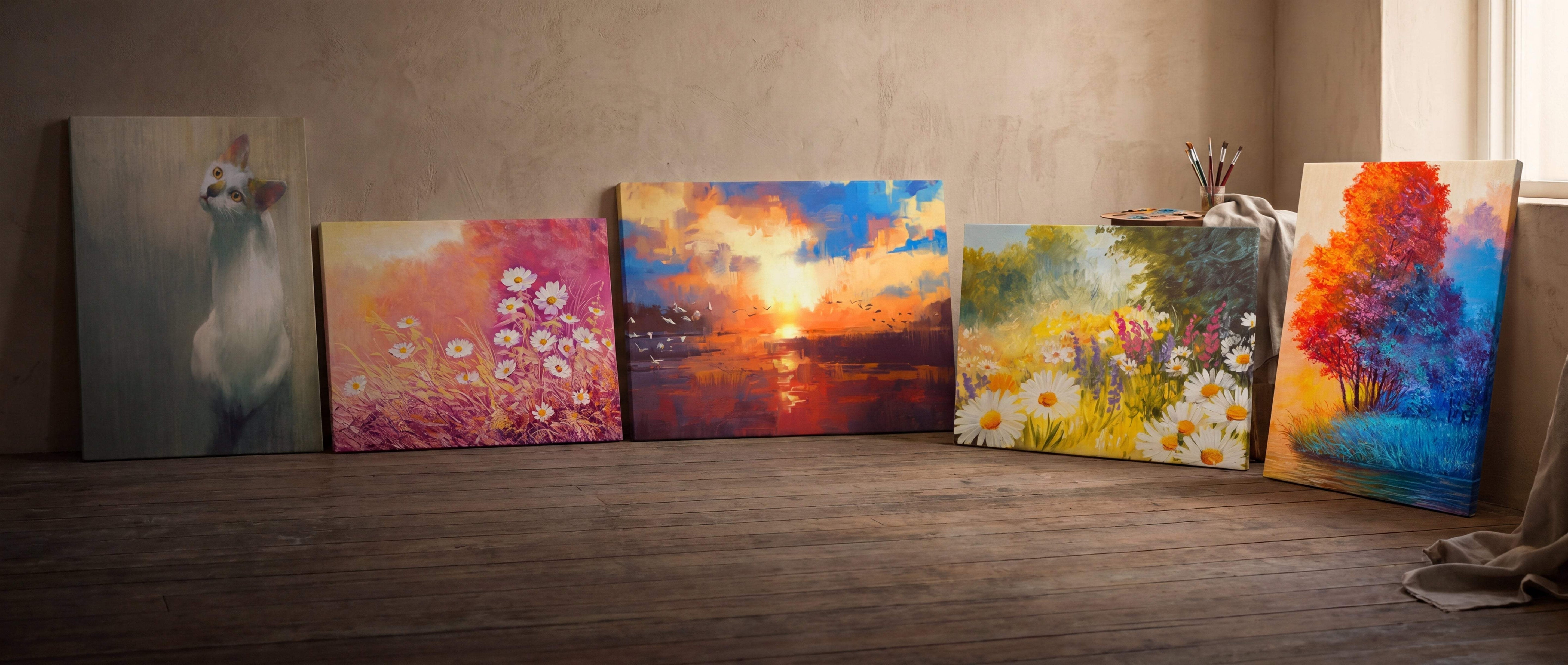 A collection of five vibrant, canvas-mounted paintings featuring diverse subjects like a cat, floral scenes, and colorful landscapes.
