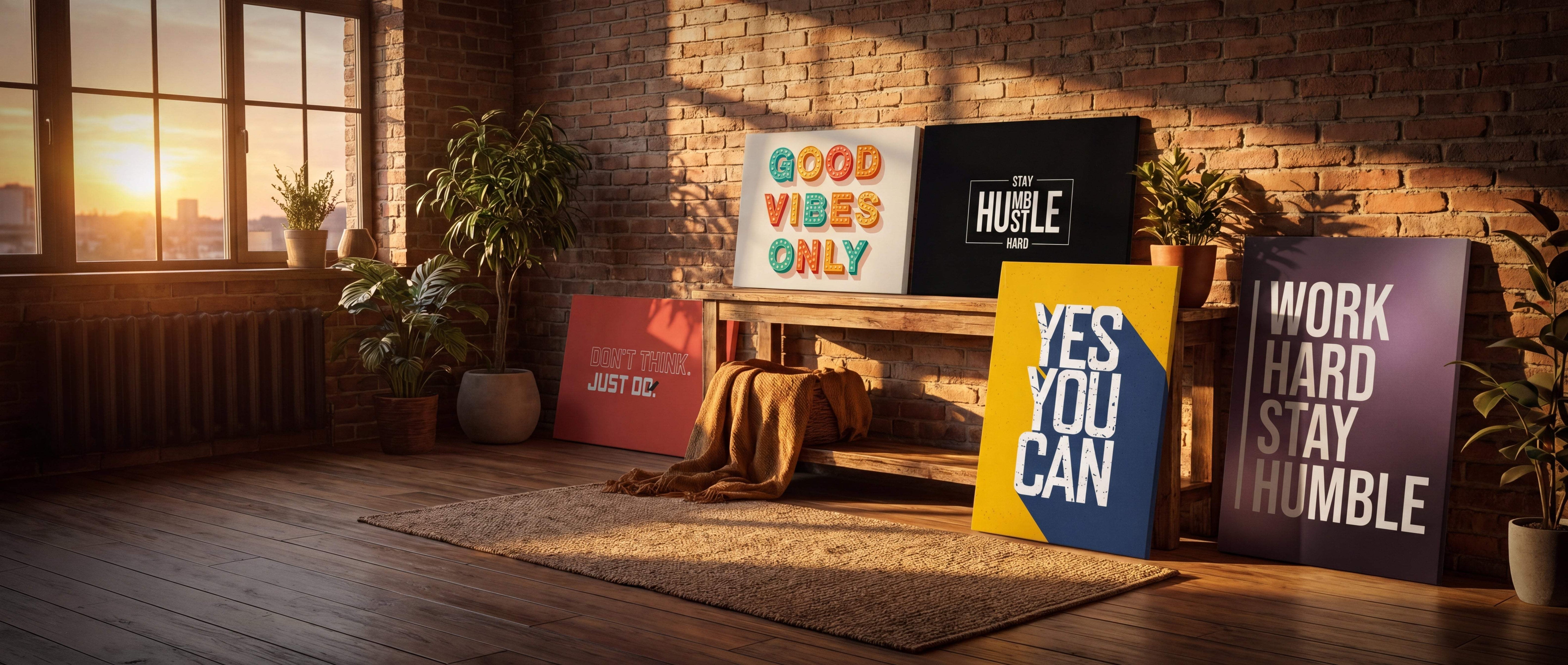 Colorful motivational canvas signs with bold lettering and modern design, displayed against a brick wall in warm sunlight.
