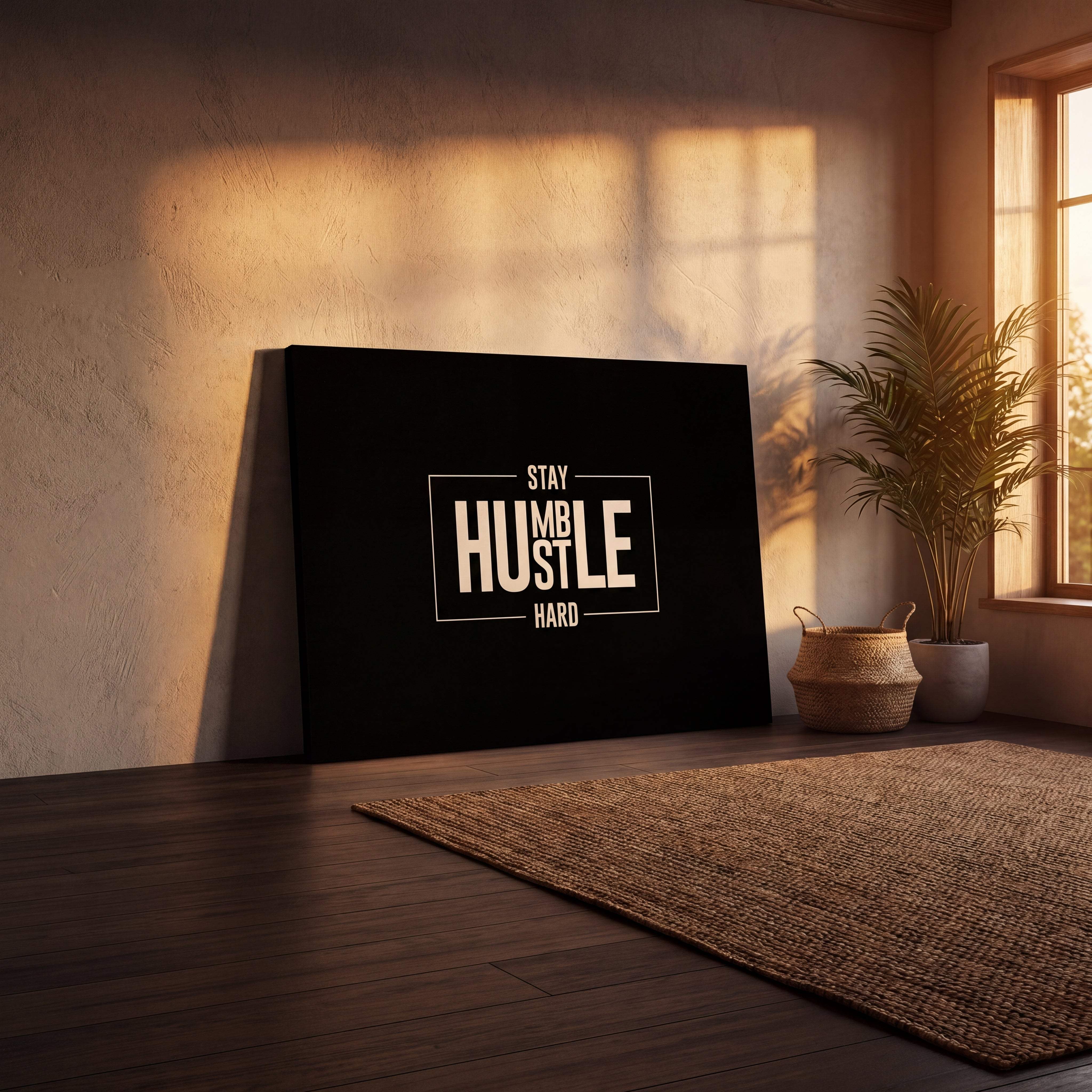 Black canvas print featuring the phrase ’stay humble hard’ in bold white lettering within a minimalist rectangular frame.