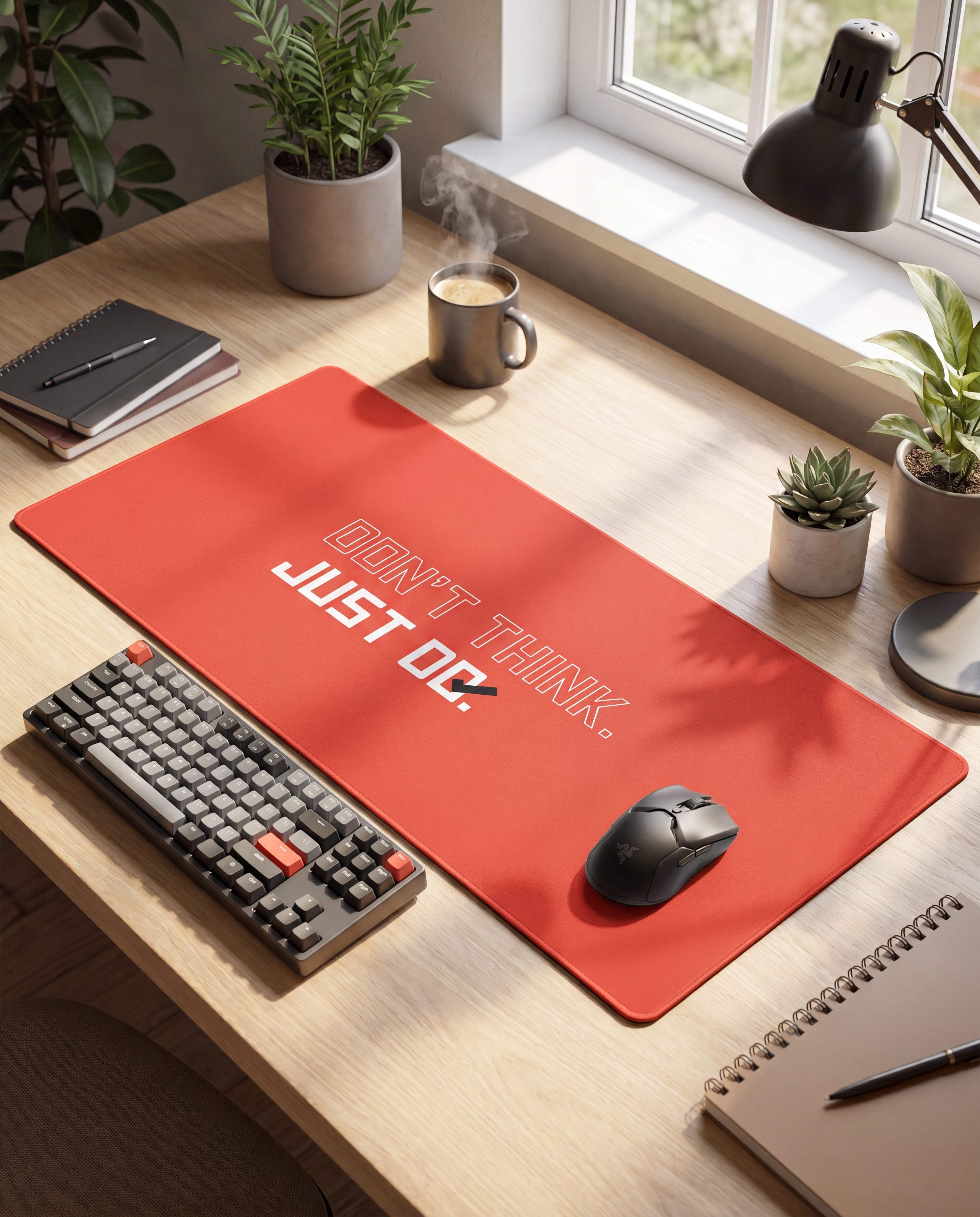 Red rectangular mousepad with white text reading ’don’t think.